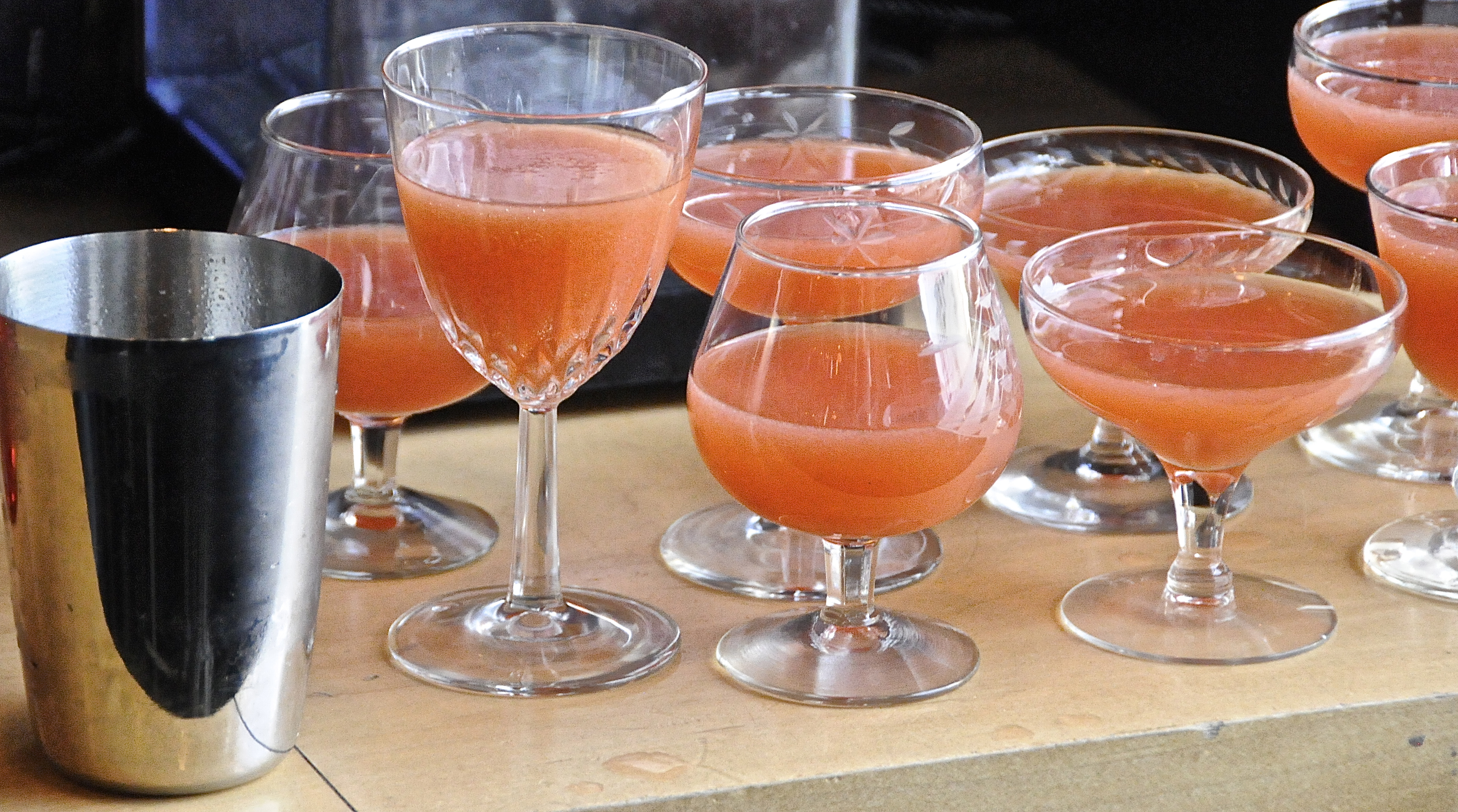 Mike Dunn's drink featuring a rhubarb and honey syrup was served in various styles of cocktail glasses.