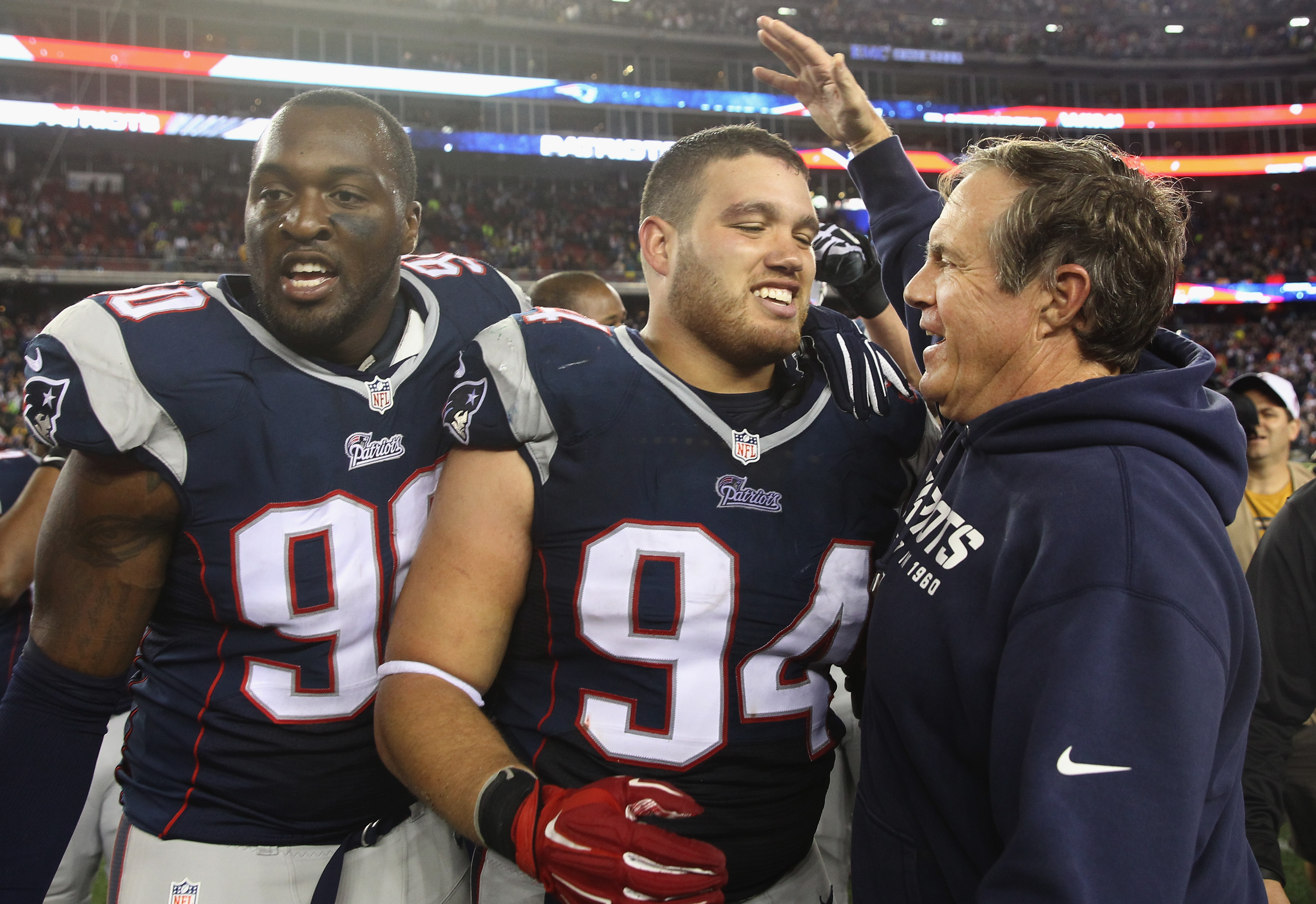 Chris Jones (center) blocked a field goal to preserve a Patriots win over the Jets in October.