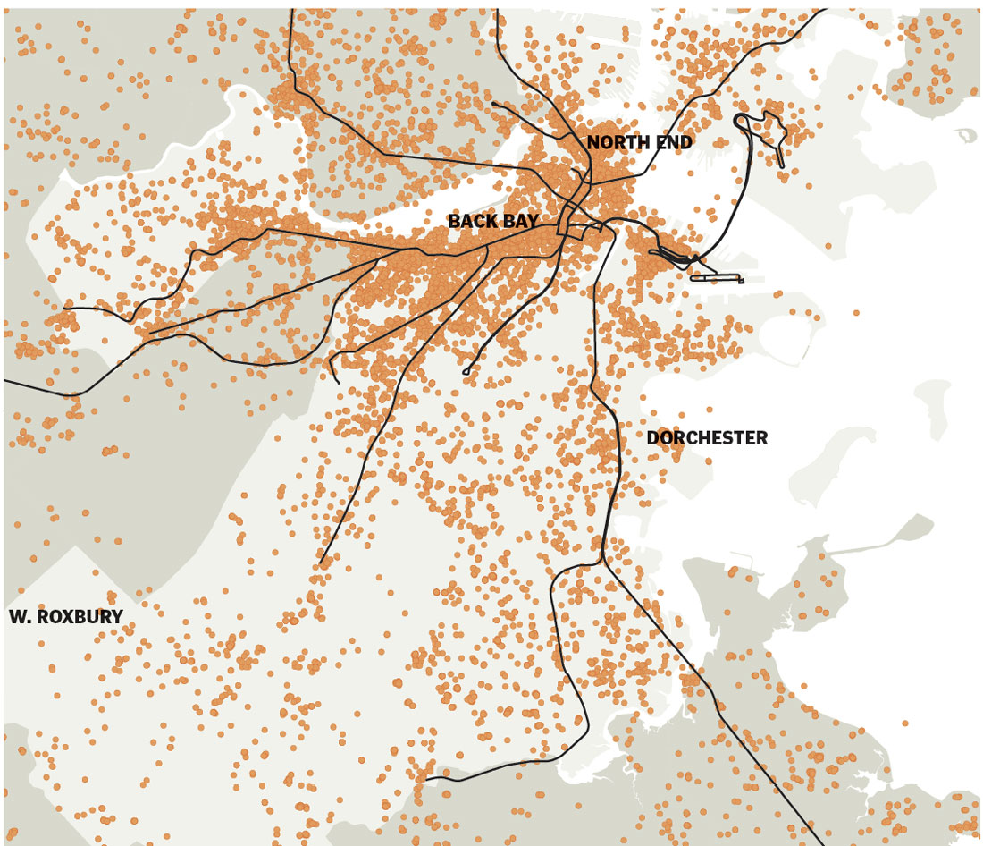 A plot of tweets posted from 12 a.m. to 4 a.m. during the first three weekends in April hints at where night owls congregate.