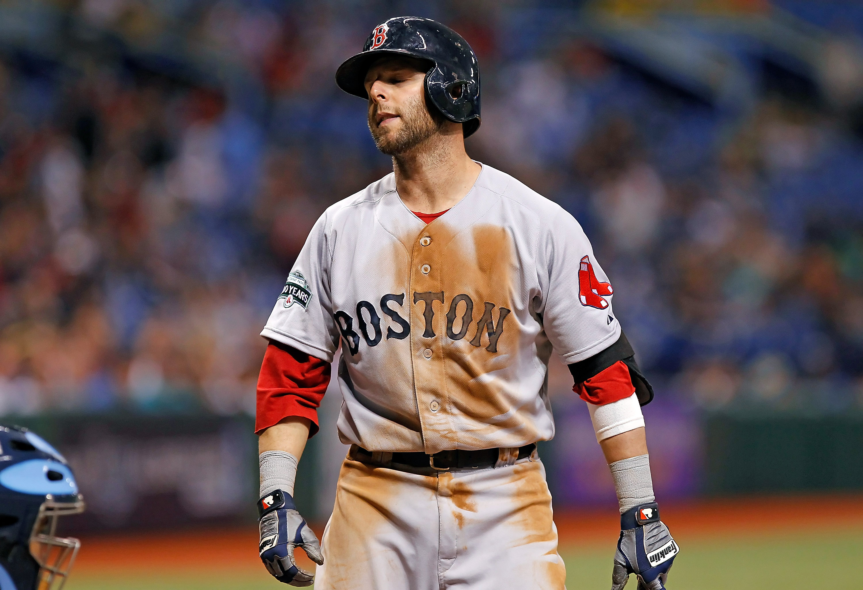 Dustin Pedroia reacted after being called out on strikes against the Tampa Bay Rays on Thursday night.