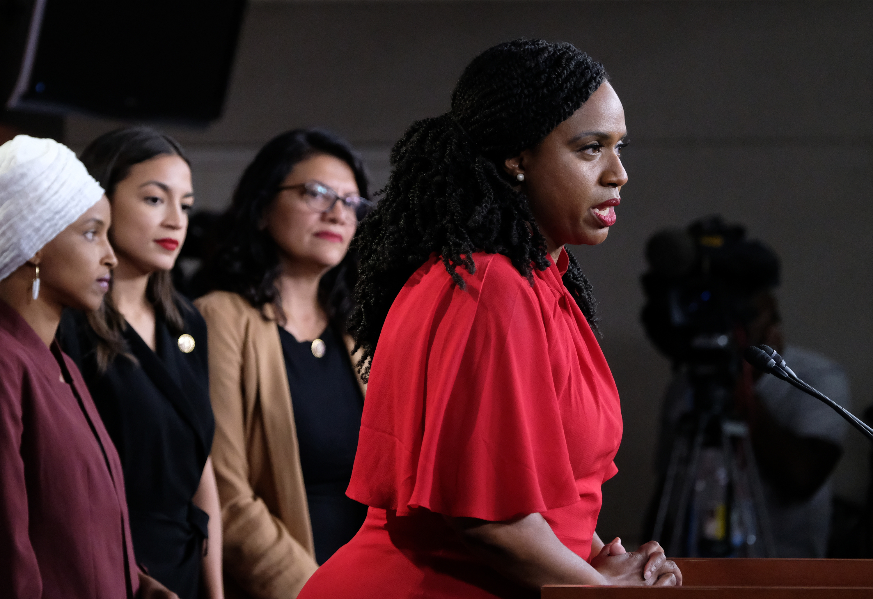 Pressley spoke Monday while Representatives Ilhan Omar (D-MN), Alexandria Ocasio-Cortez (D-NY), and Rashida Tlaib (D-MI) listened.
