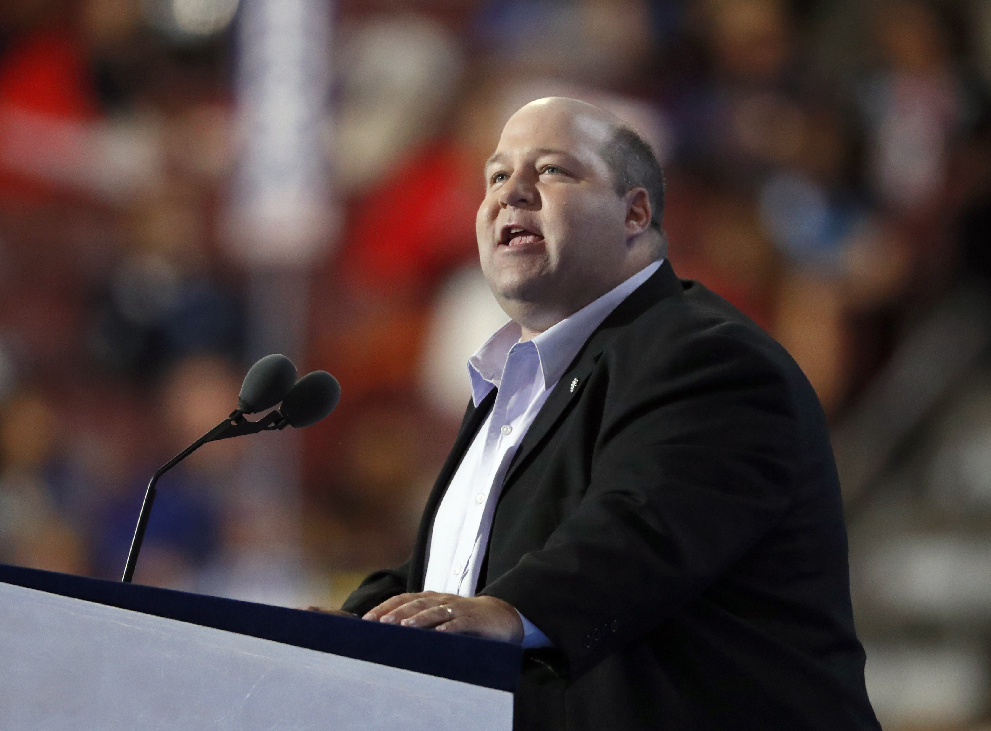 Paul Feeney seconds the nomination of Bernie Sanders for president during the second day of the Democratic convention in Philadelphia Tuesday.