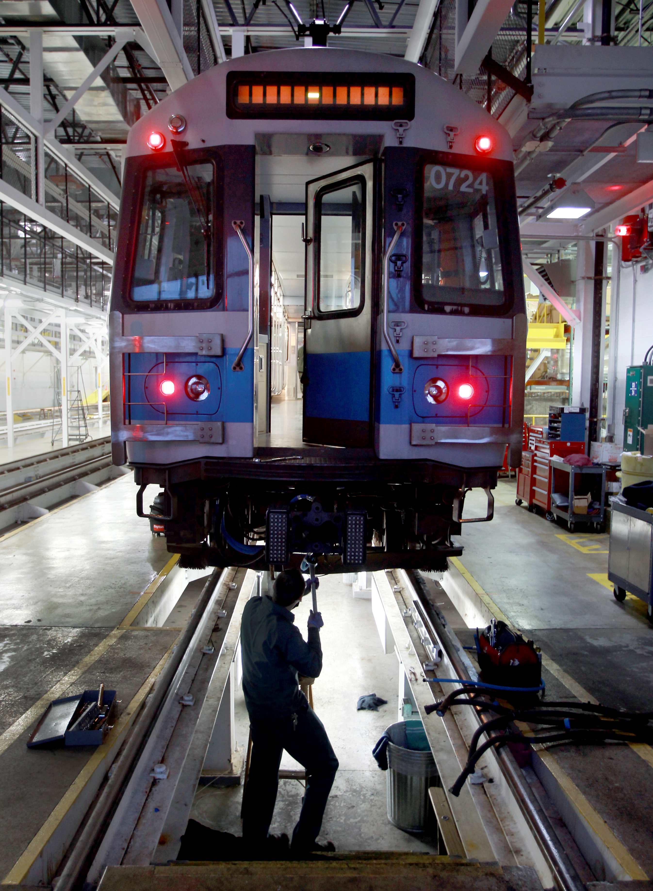 An MBTA employee worked on a Blue Line car this winter, when the transit agency experienced a service meltdown.