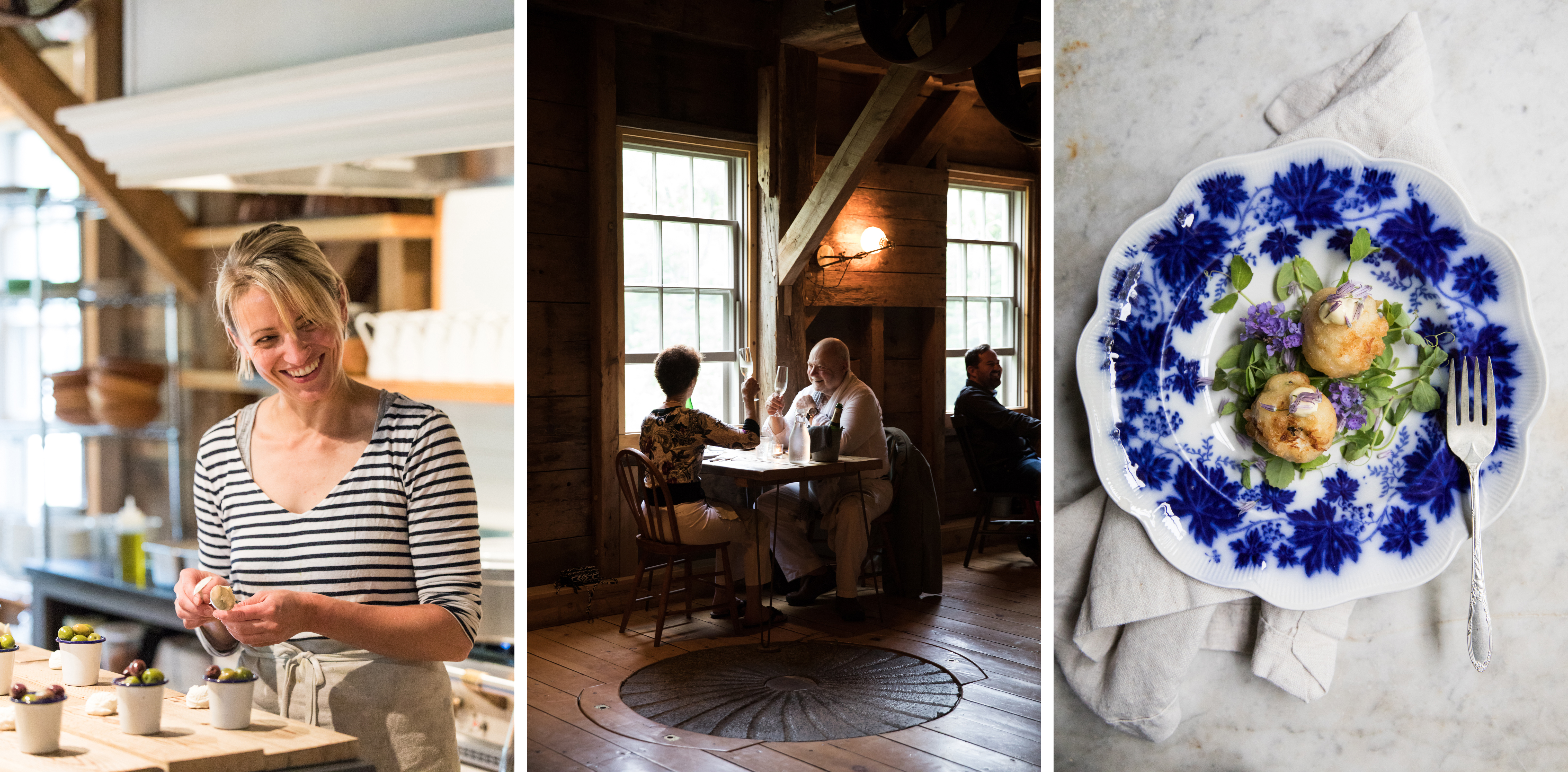 Chef Erin French preps a cheese and bread board at her restaurant, the Lost Kitchen. At right, Anne and John Chaney share a meal at the Lost Kitchen.