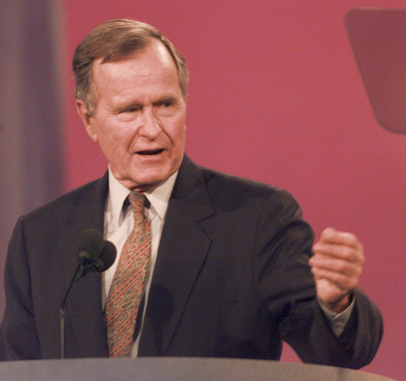Former president George Bush, pictured here in 1996, promised he wouldn’t raise taxes during a 1988 debate with Michael Dukakis — but he did anyway.
