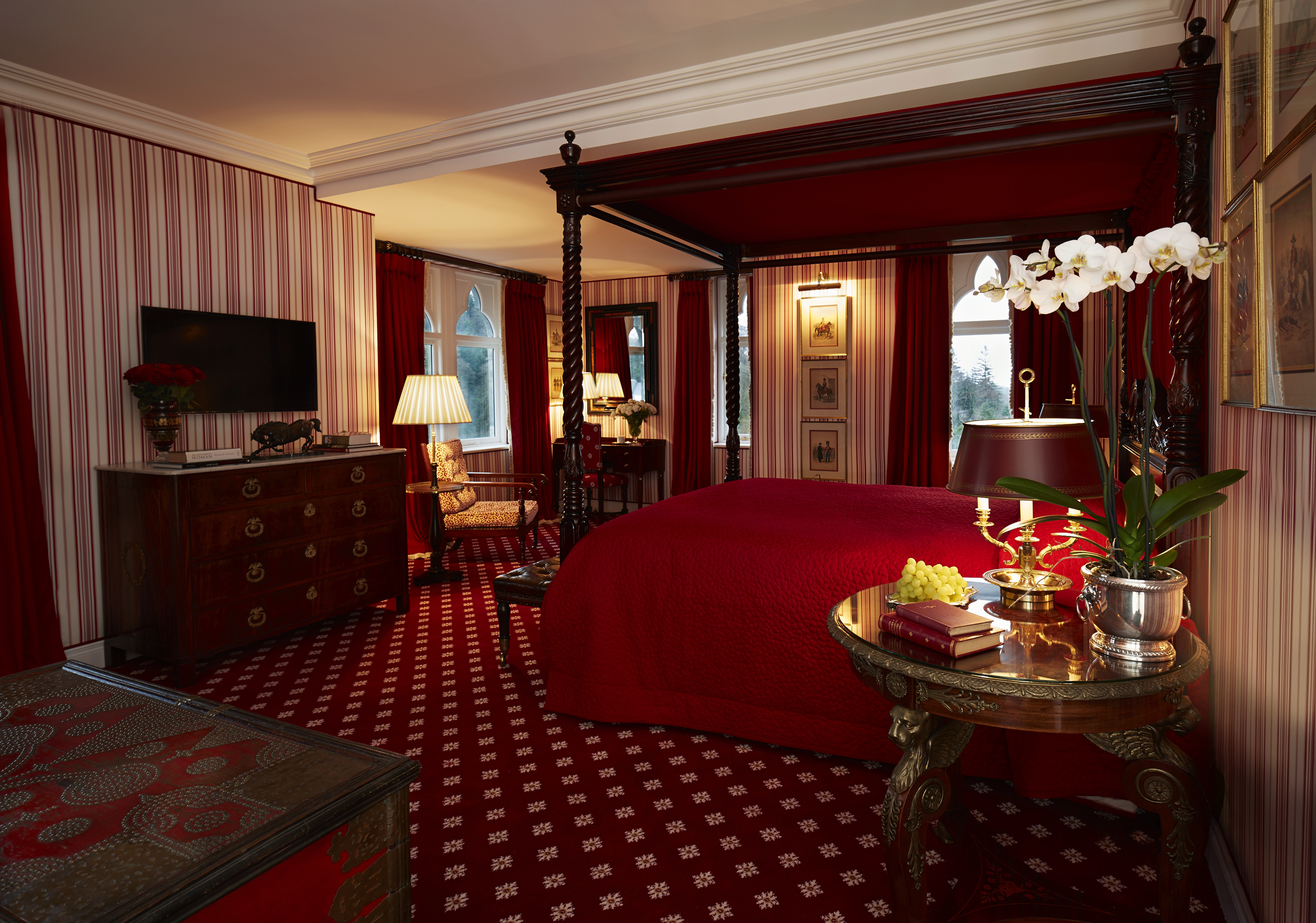 One of the guest rooms that overlook the lake at Ashford Castle.