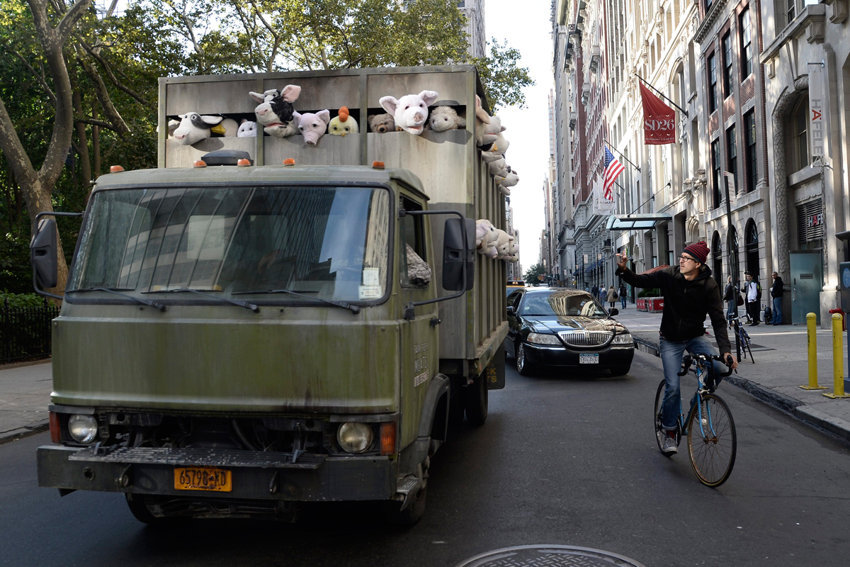 A slaughterhouse delivery truck full of stuffed animals was driven around the city.