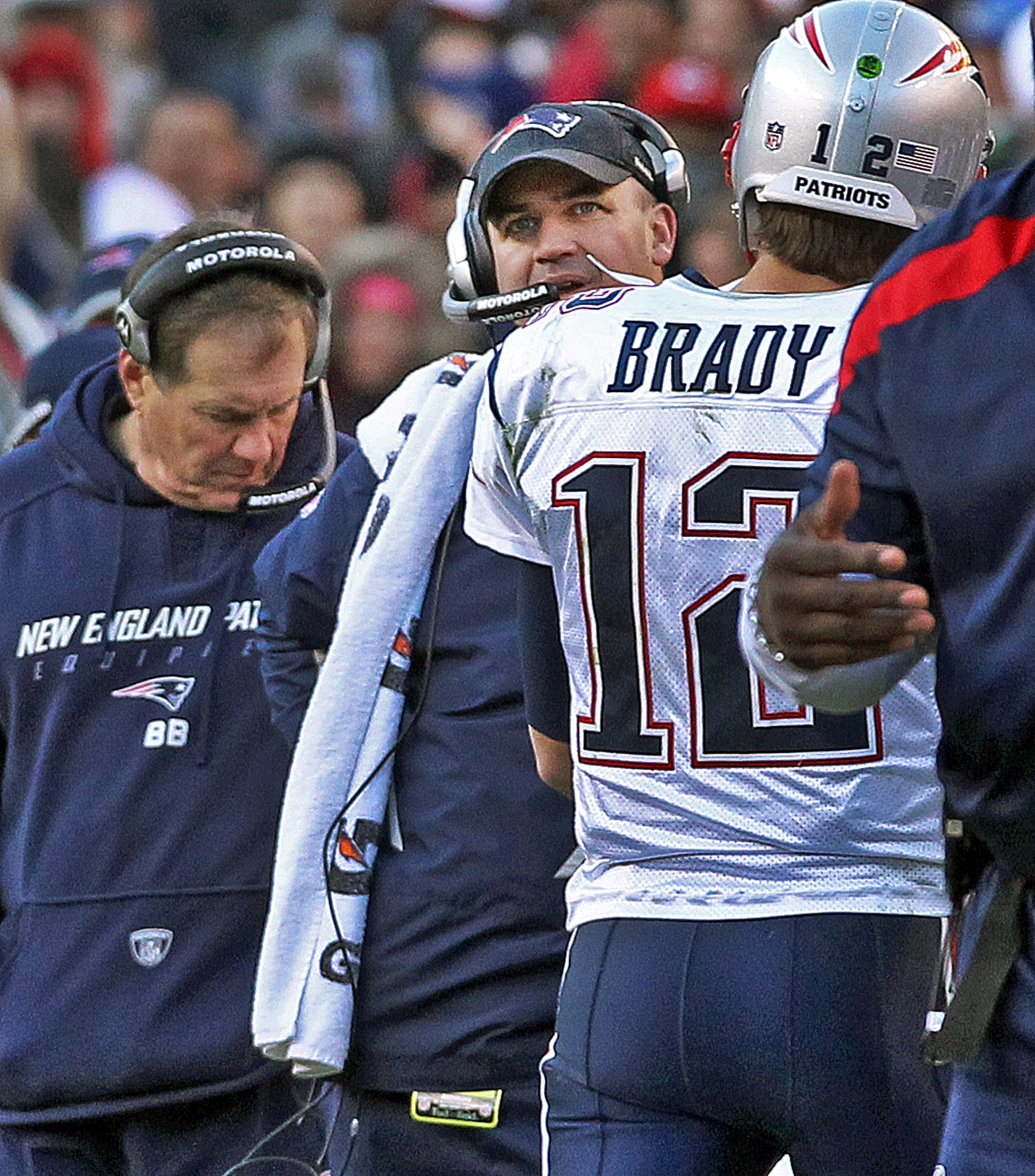 Tom Brady walked to the bench with head coach Bill Belichick on the left and offensive coordinator Bill O'Brien in the middle after he threw an interception in the end zone late in the game. O'Brien and Brady would have words on the bench soon after.