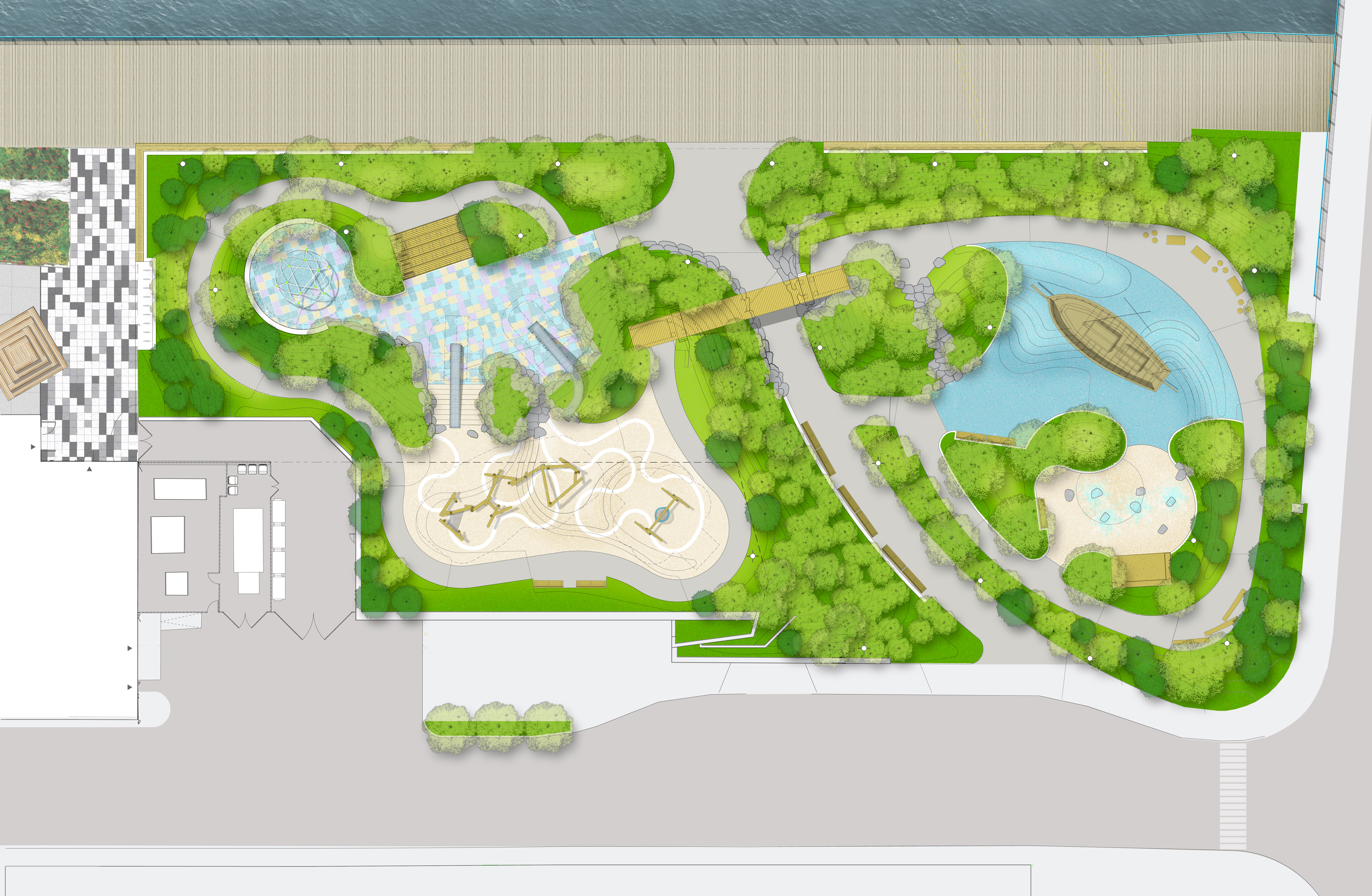 Martin’s Park will feature trees and flowering shrubs, and will be located next to the Children’s Museum.