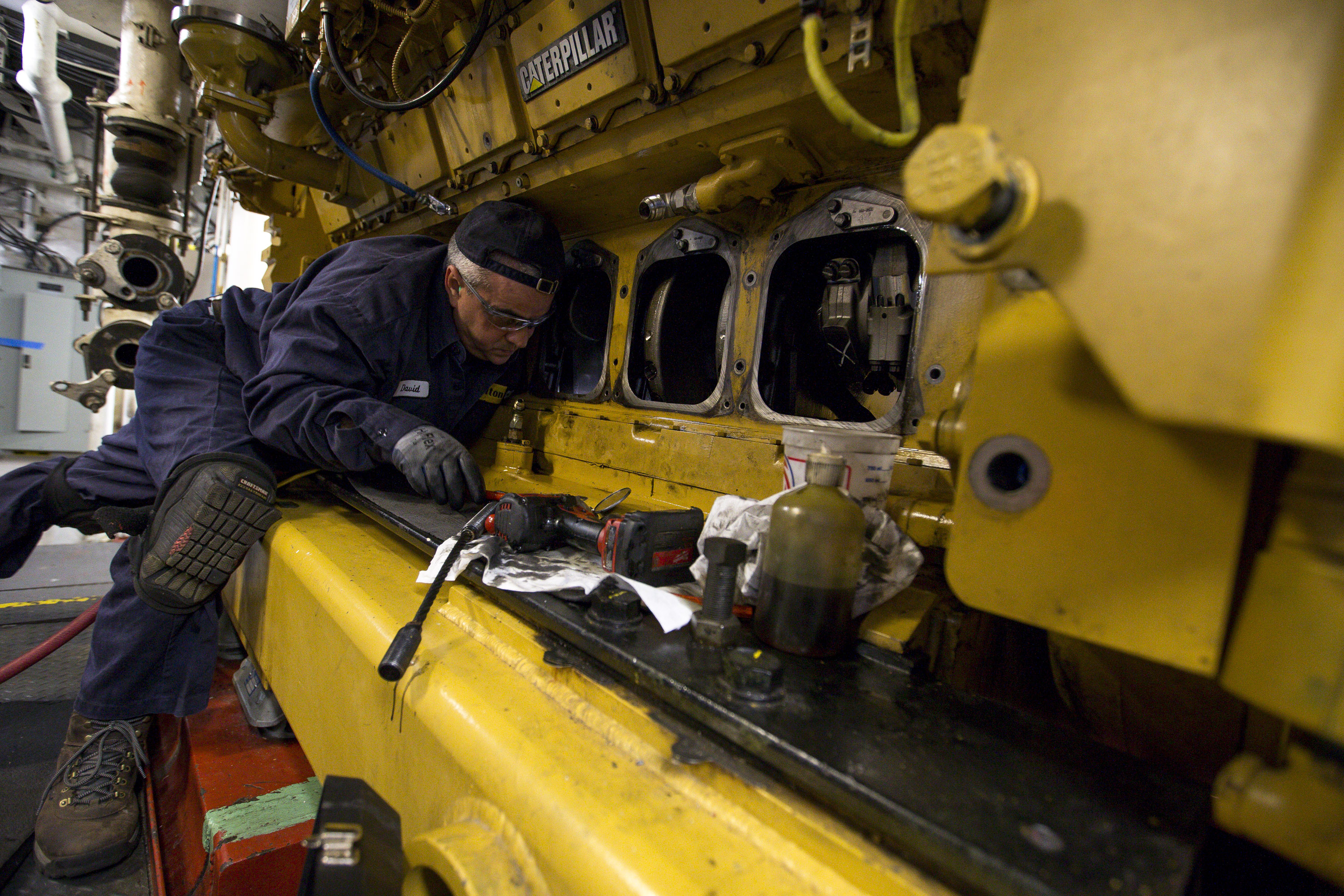David Iaciofano, 51, field service technician for Milton Caterpillar, worked to replace the bearings of the generator’s engine on the NOAA vessel.