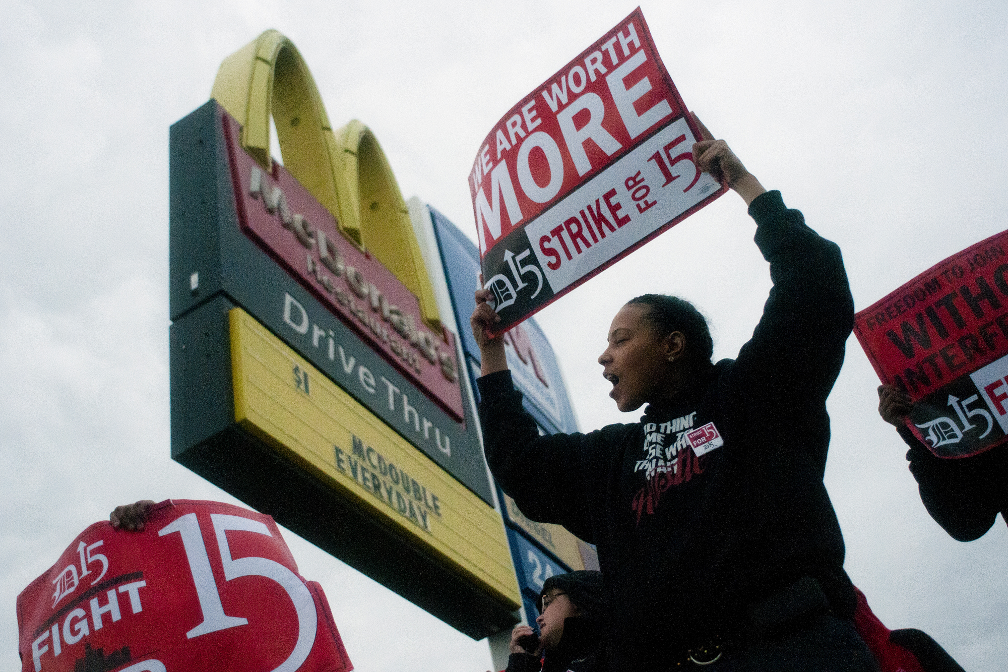 Fast-food worker Michelle Osborn, 23, of Flint, Mich. shouted chants as she and a few dozen others struck outside of a McDonald’s in 2013.