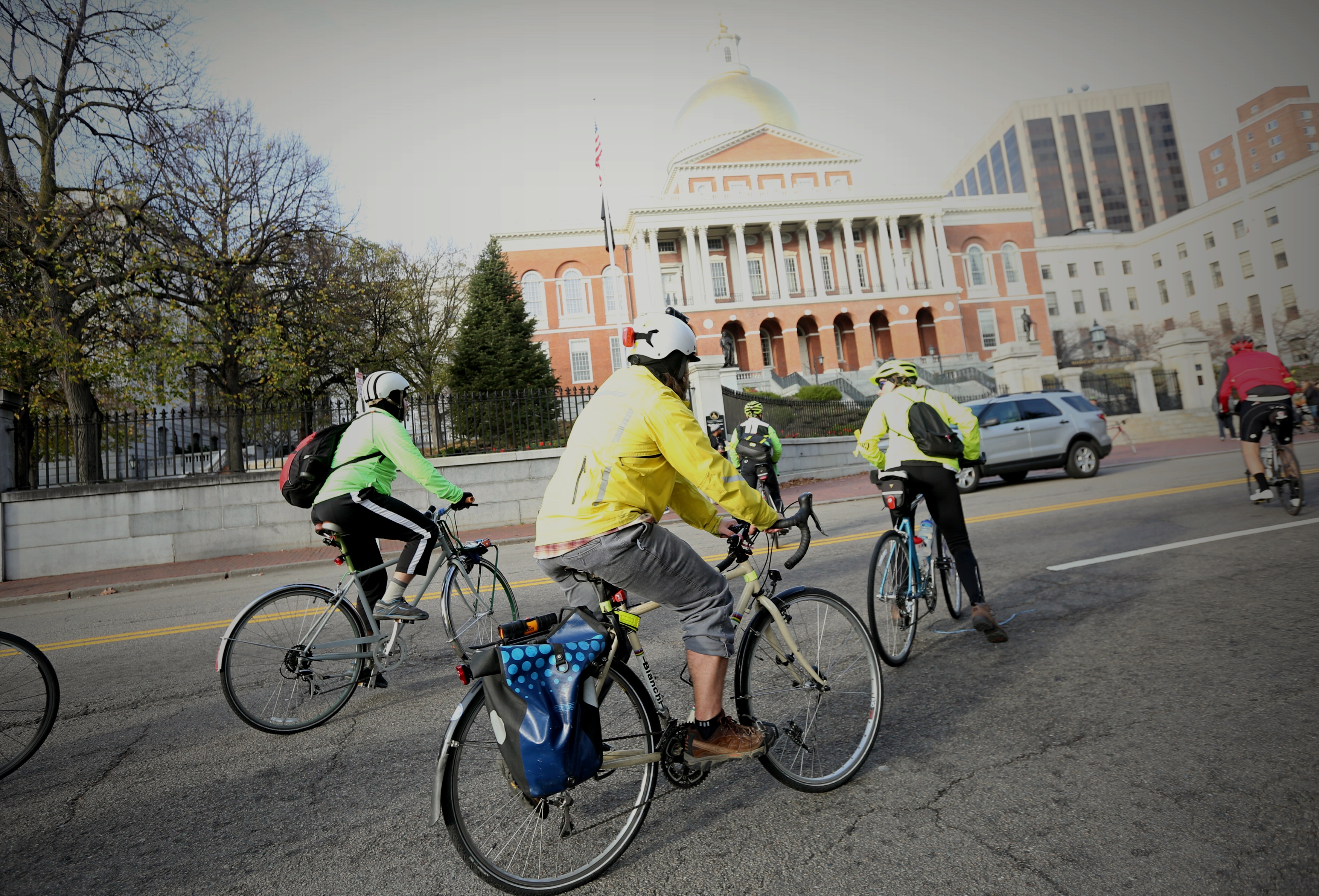 Fifty bikers rode a mile across the city to the Massachusetts State House on Sunday to rally for actions to reduce road crashes and to honor the victims of them.