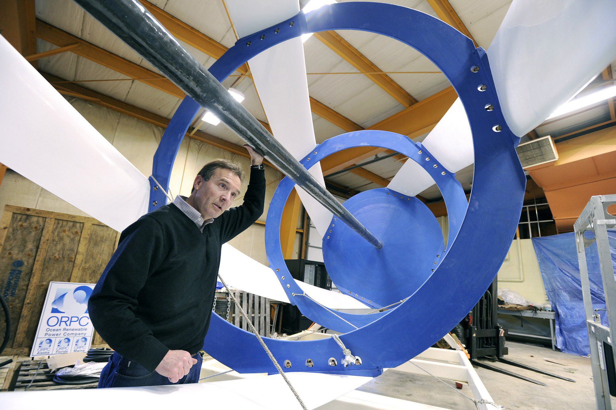 John Ferland, vice president of project development with Ocean Renewable Power Co., stood inside one of the all-composite turbines in February 2010. The turbines were placed in the ocean near Eastport. The upcoming test of the turbine, he said, is ''like a Broadway debut'': It needs to generate momentum for the project.