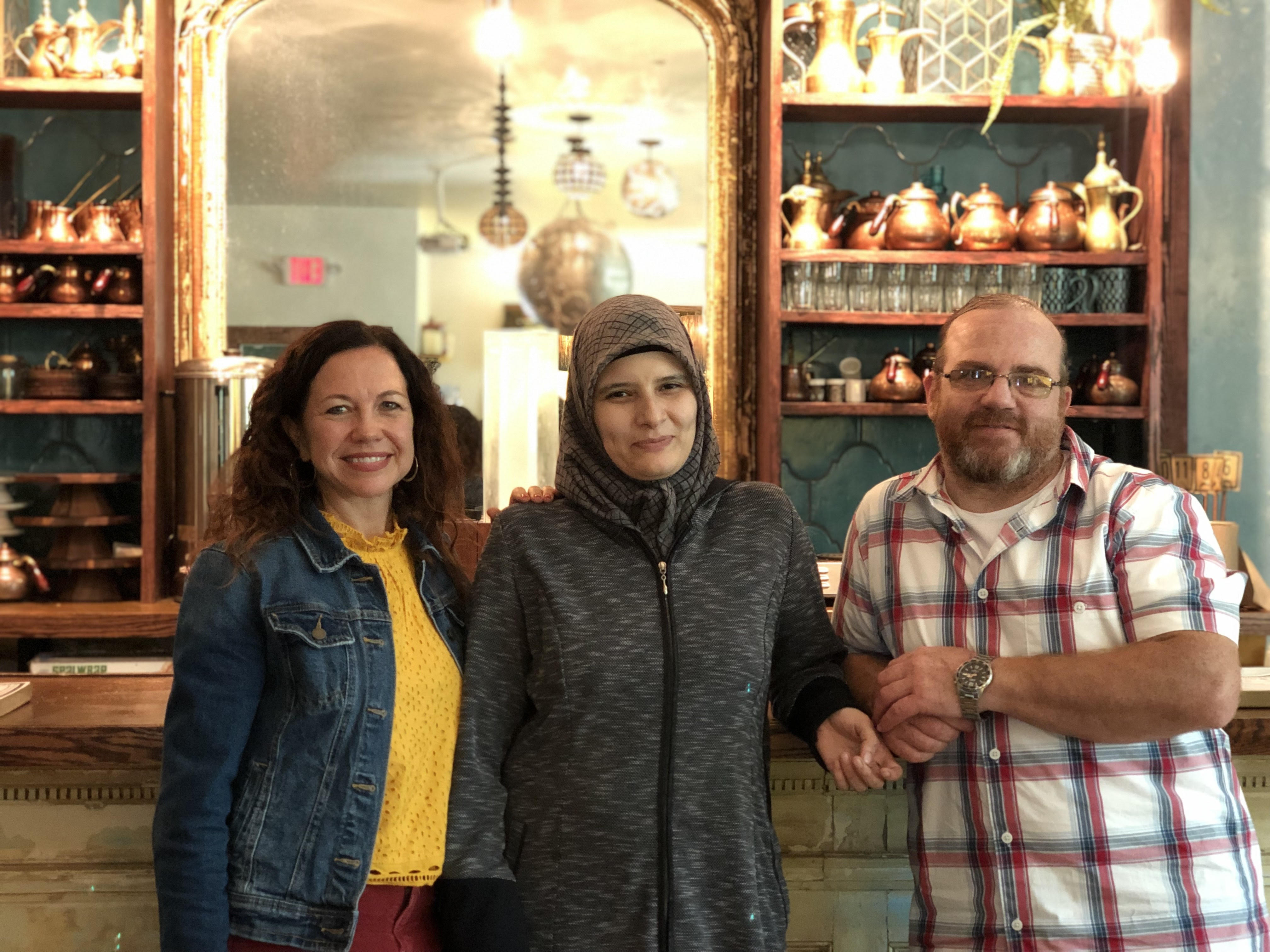 Friends and business partners, Sandy Martin (left) with Reem and Youssef Akhtarini at Aleppo Sweets.