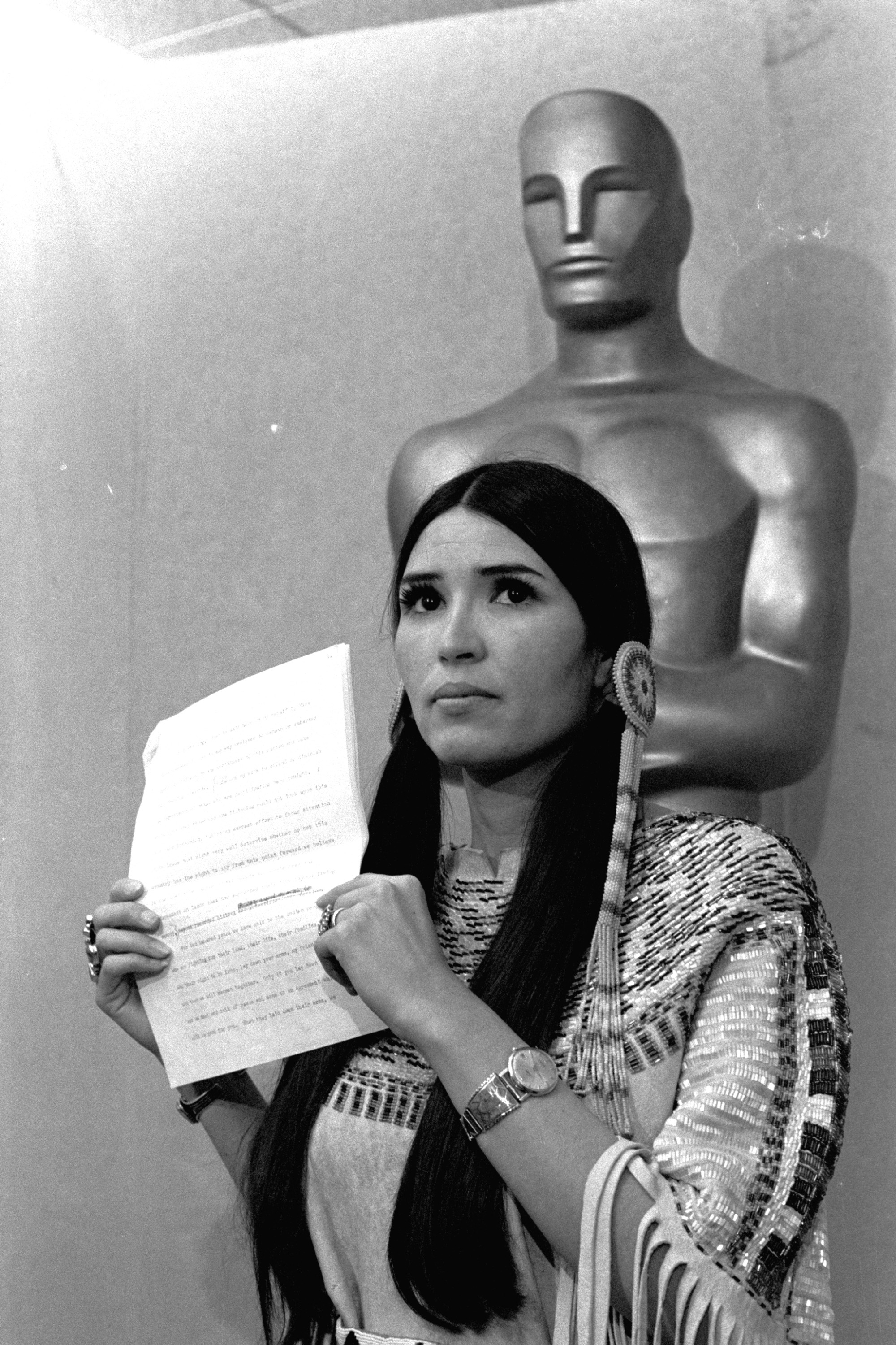 Sacheen Littlefeather told the audience at the Academy Awards in 1973 that Marlon Brando was declining to accept his Oscar.