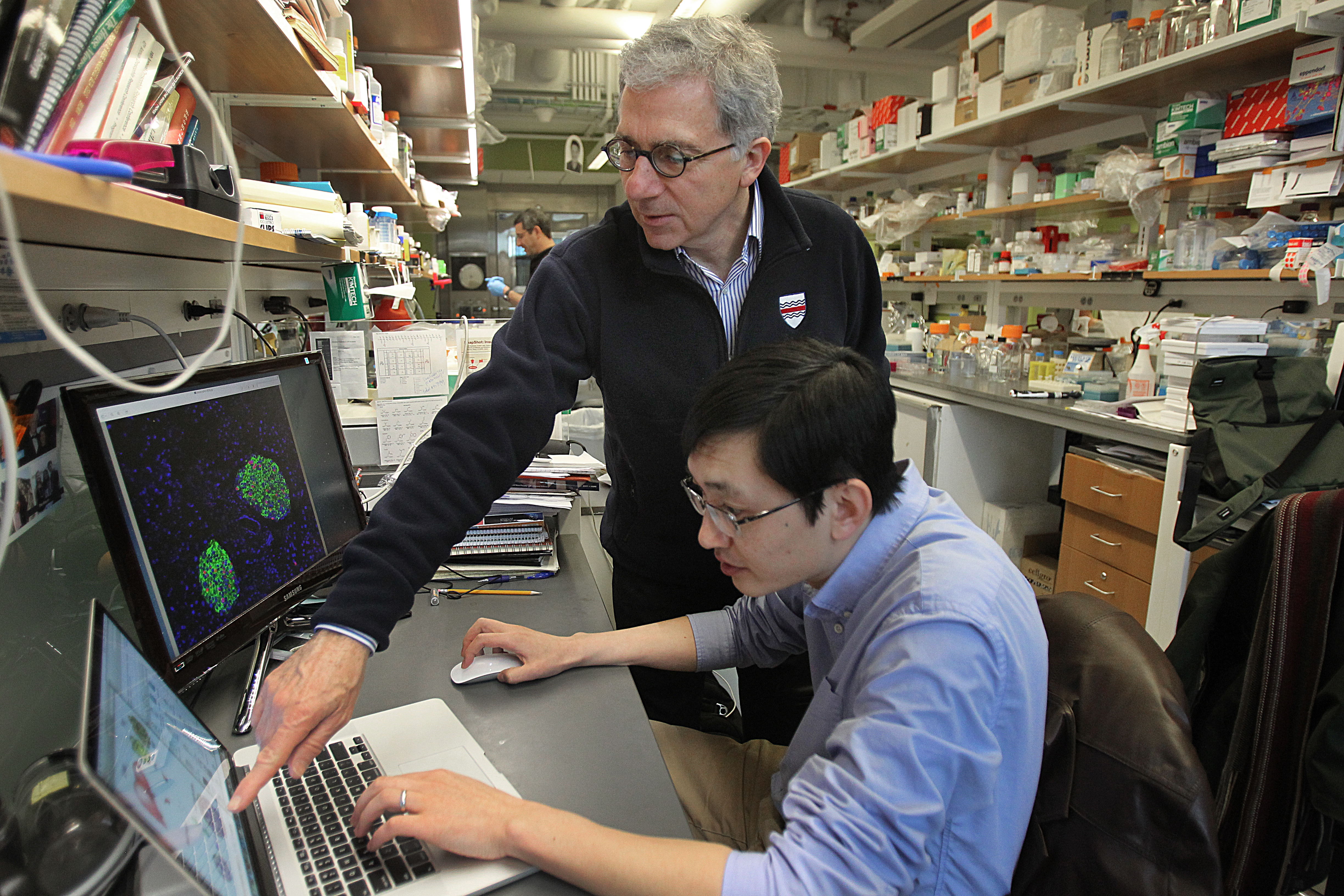 Harvard stem cell scientist Doug Melton (left) and his post-doctoral fellow Peng Yi. Melton’s lab discovered a hormone that in early experiments increases the number of insulin-producing cells in the pancreas.