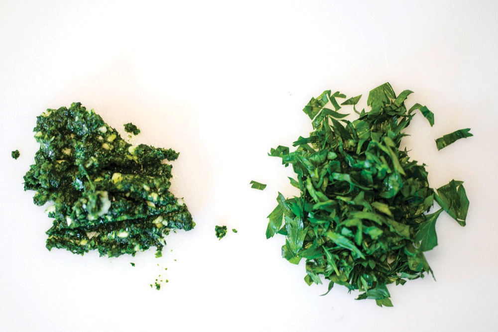 TIP The final seasoning in the artichoke and bean dish is a finely minced combination of parsley, garlic, and salt called picada (pictured, at left). It’s much finer than chopped parsley (pictured, at right).