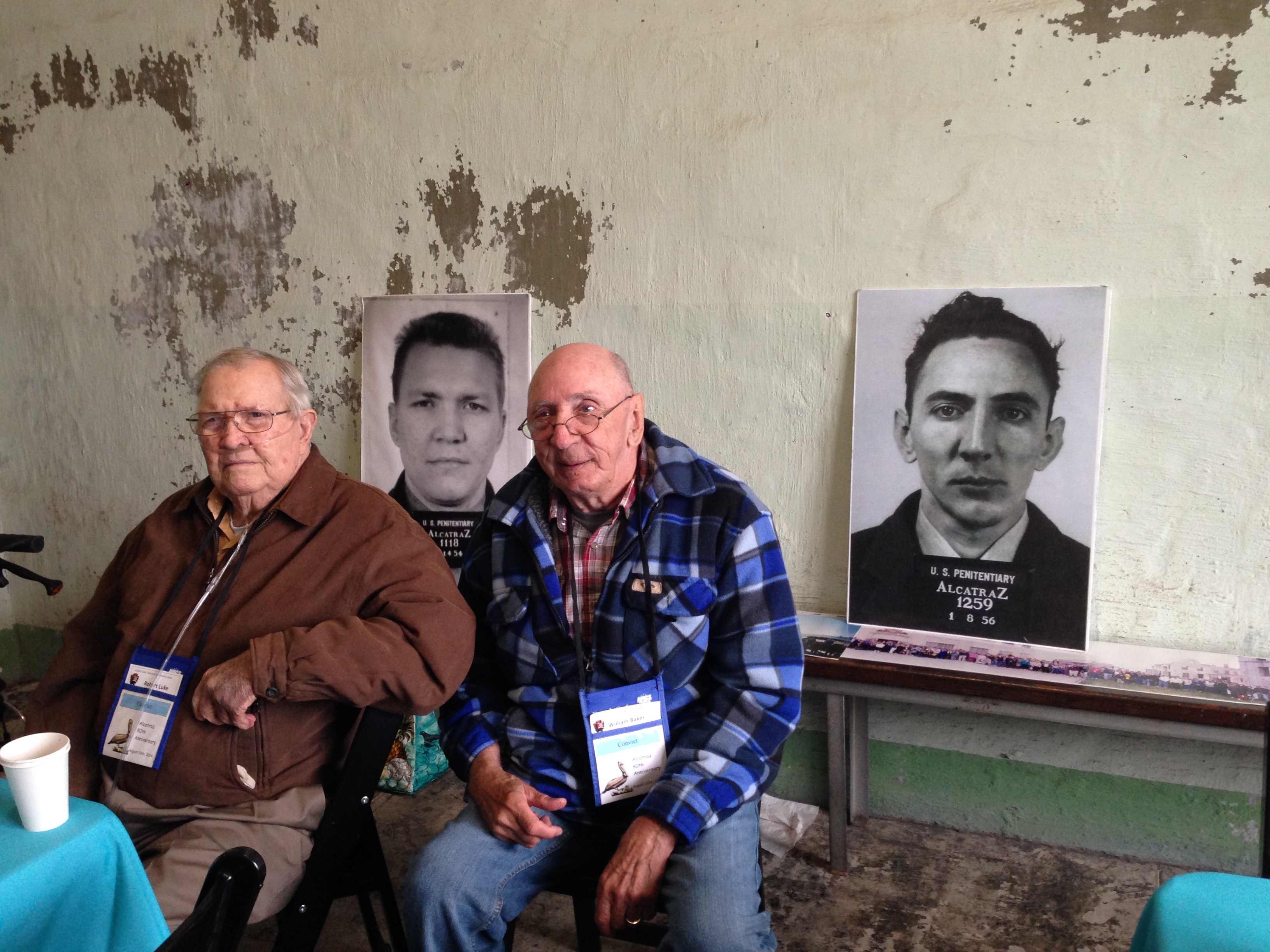 Former Alcatraz inmates Robert Luke (left) and Bill Baker with their prison mugshots.