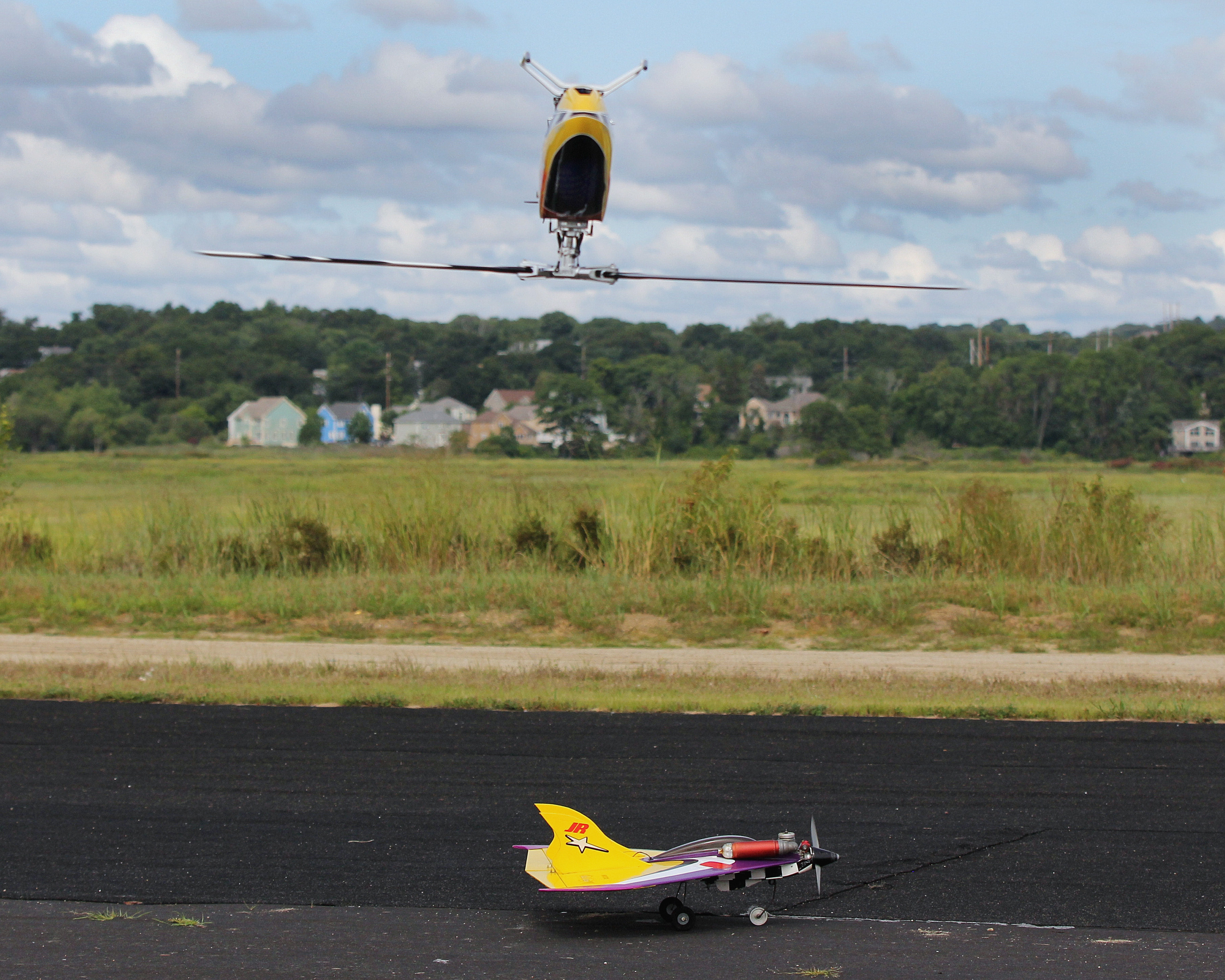 An upside down helicopter flew over Rumney Marsh in Saugus.