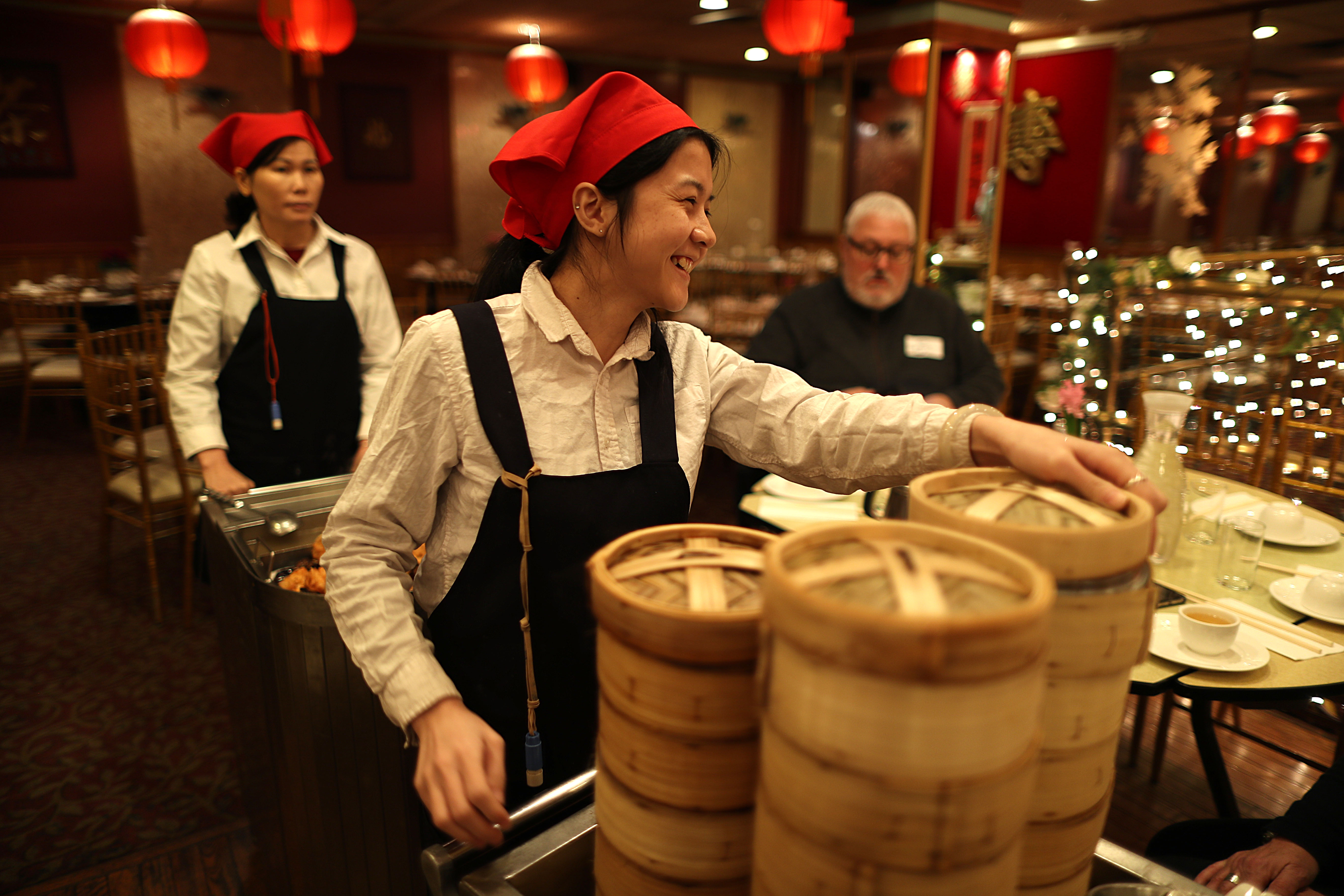 China Pearl Restaurant in Chinatown hosted a dim sum brunch to show support for neighborhood small businesses in Chinatown hit with a slowdown of business over concerns for the coronavirus. Dim sum selections in bamboo containers were wheeled to tables.