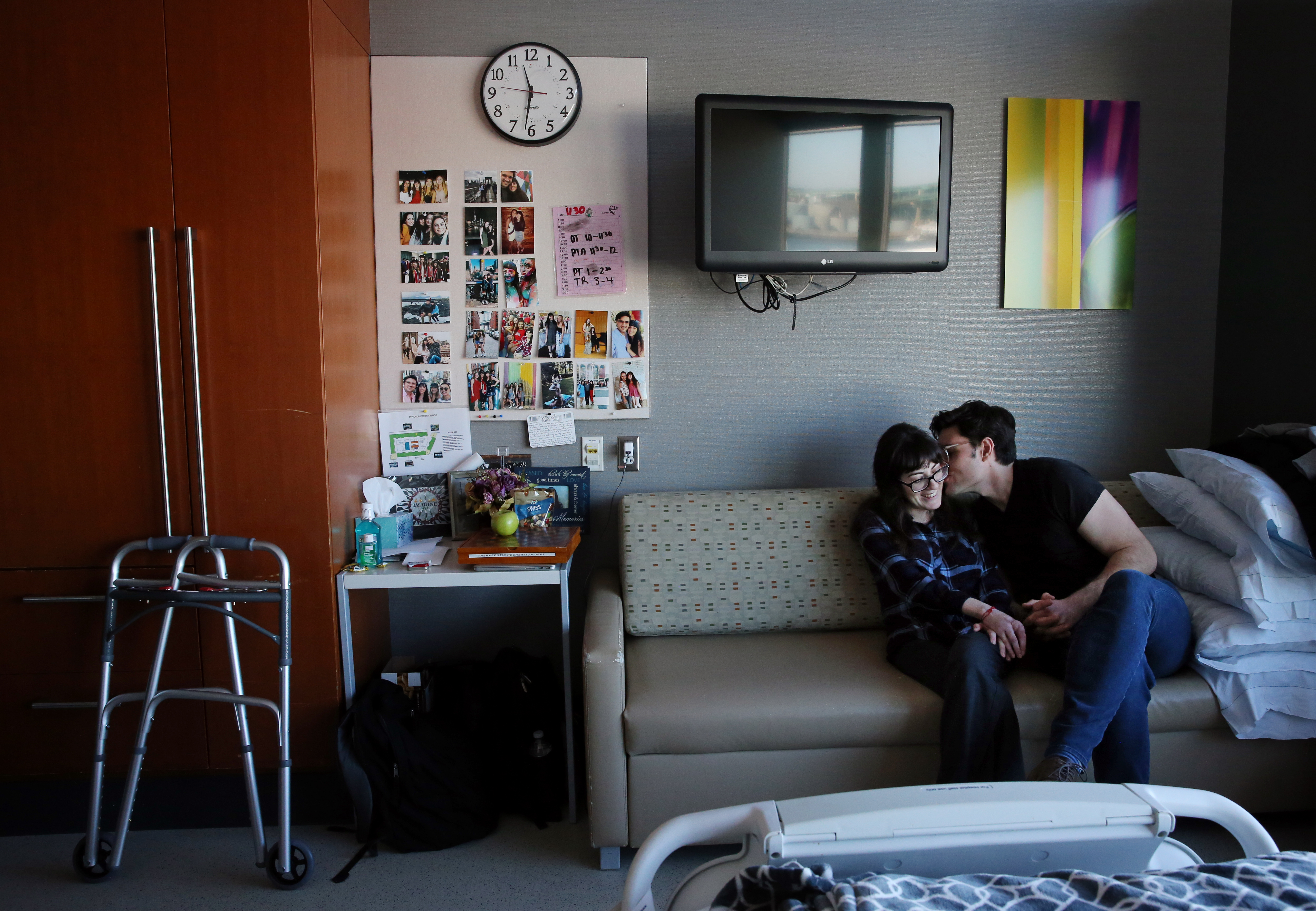 Sonya shared a moment with her boyfriend, Alex Pankiewicz, in her room at Spaulding Rehabilitation Center in Charlestown.