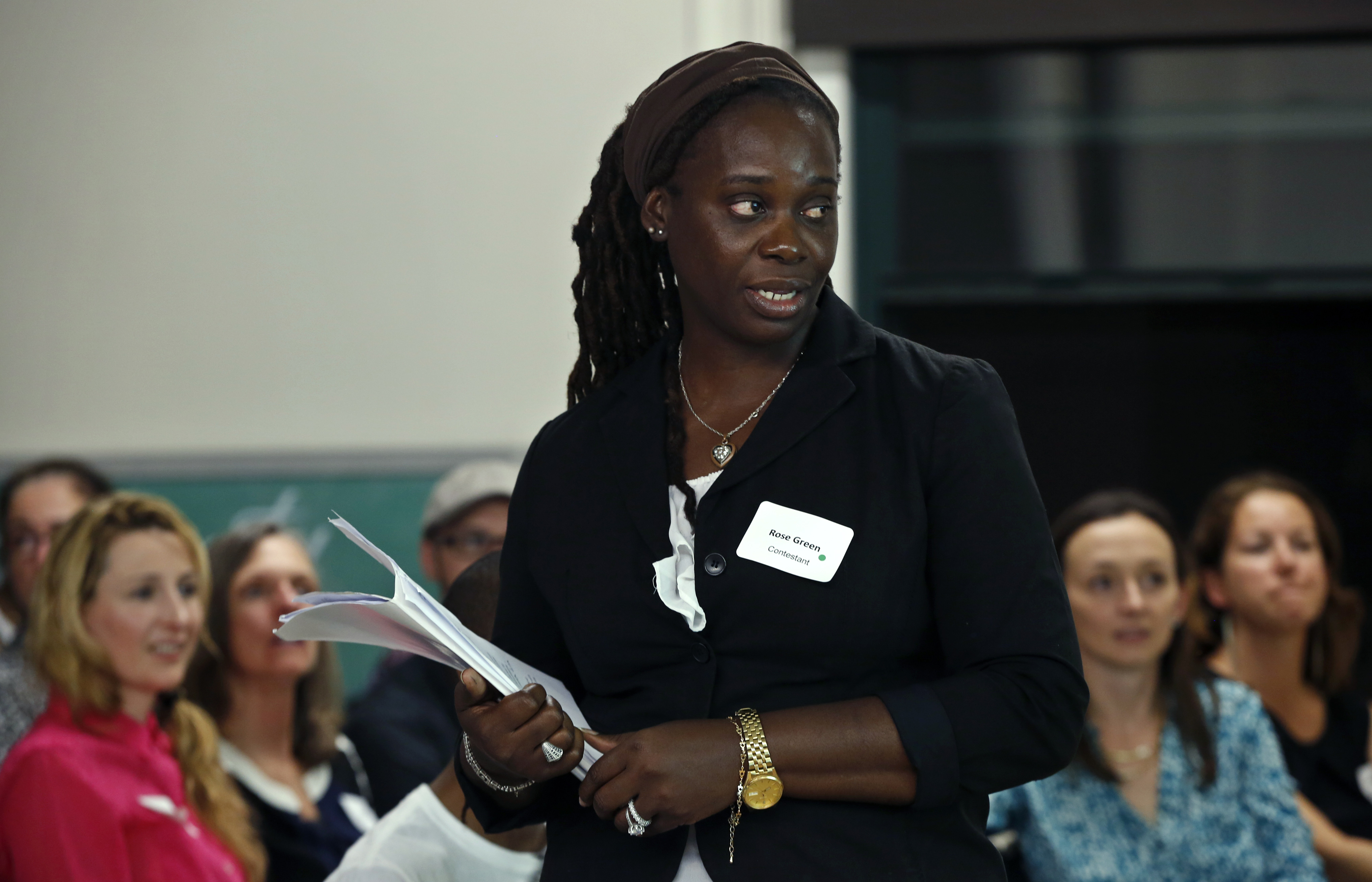 Budding entrepreneur Rose Green told the Fairmount Innovation Lab panel that her business, Dare 2 Dream, a track club in Jamaica, aims to aid women.