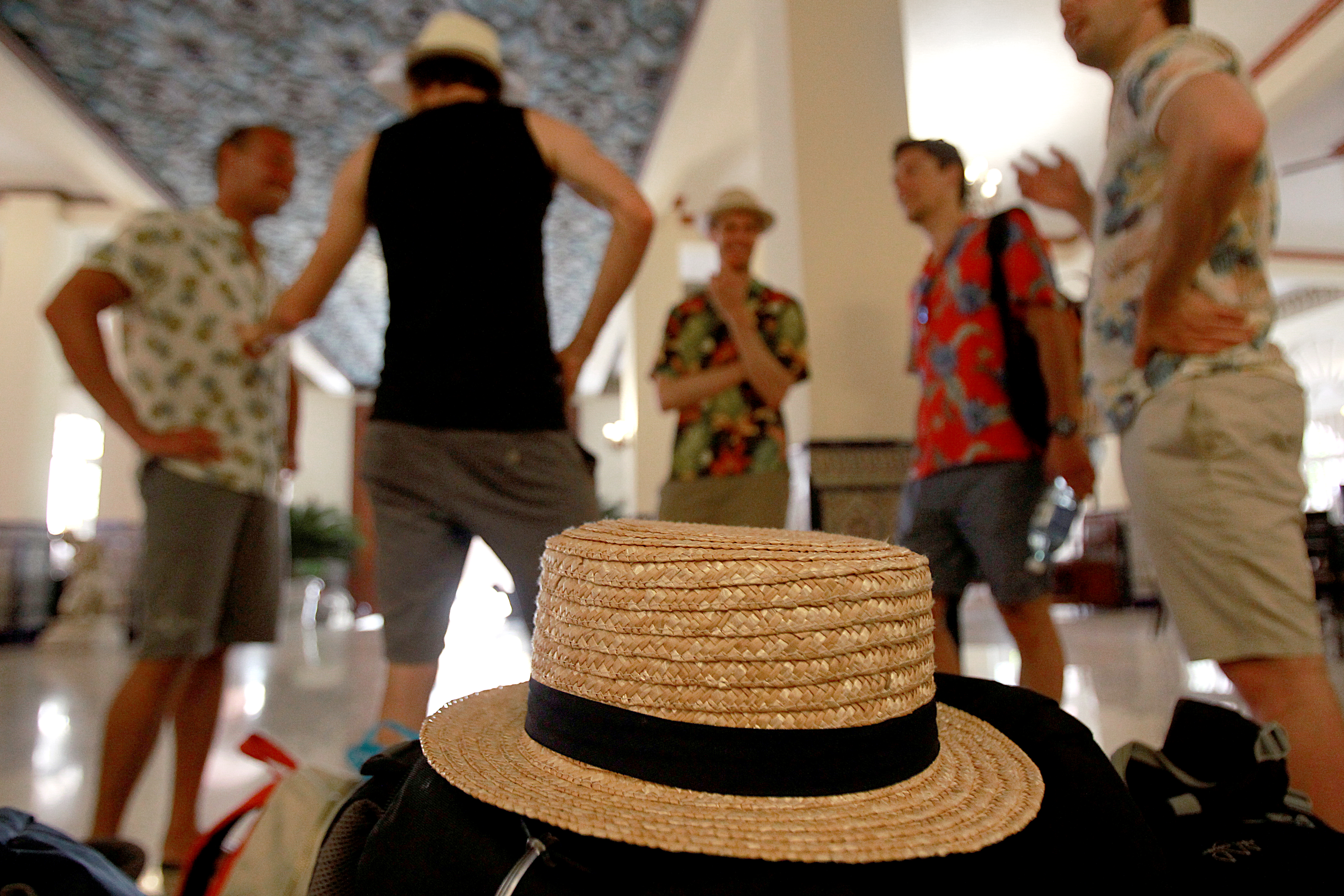 Tourists gather in the lobby of the Hotel Sevilla in Havana.