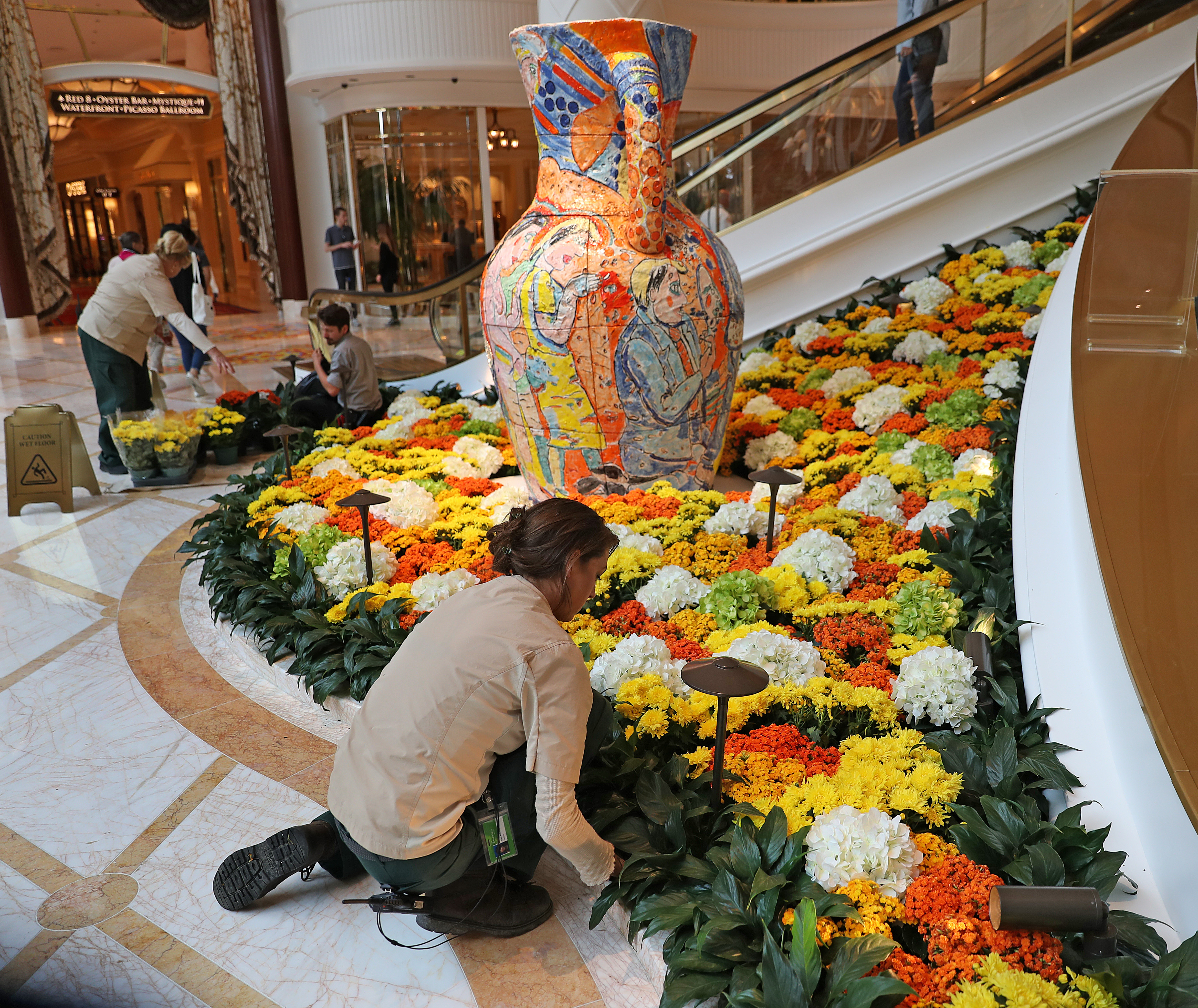 Mums surrounded a decorative urn in the lobby at the casino.