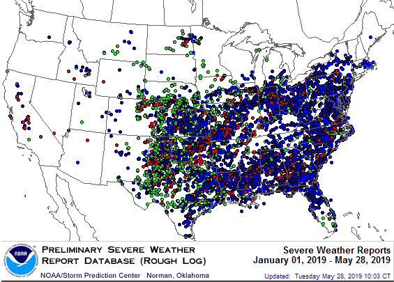 Severe weather includes tornadoes, hail, and strong wind from thunderstorms.