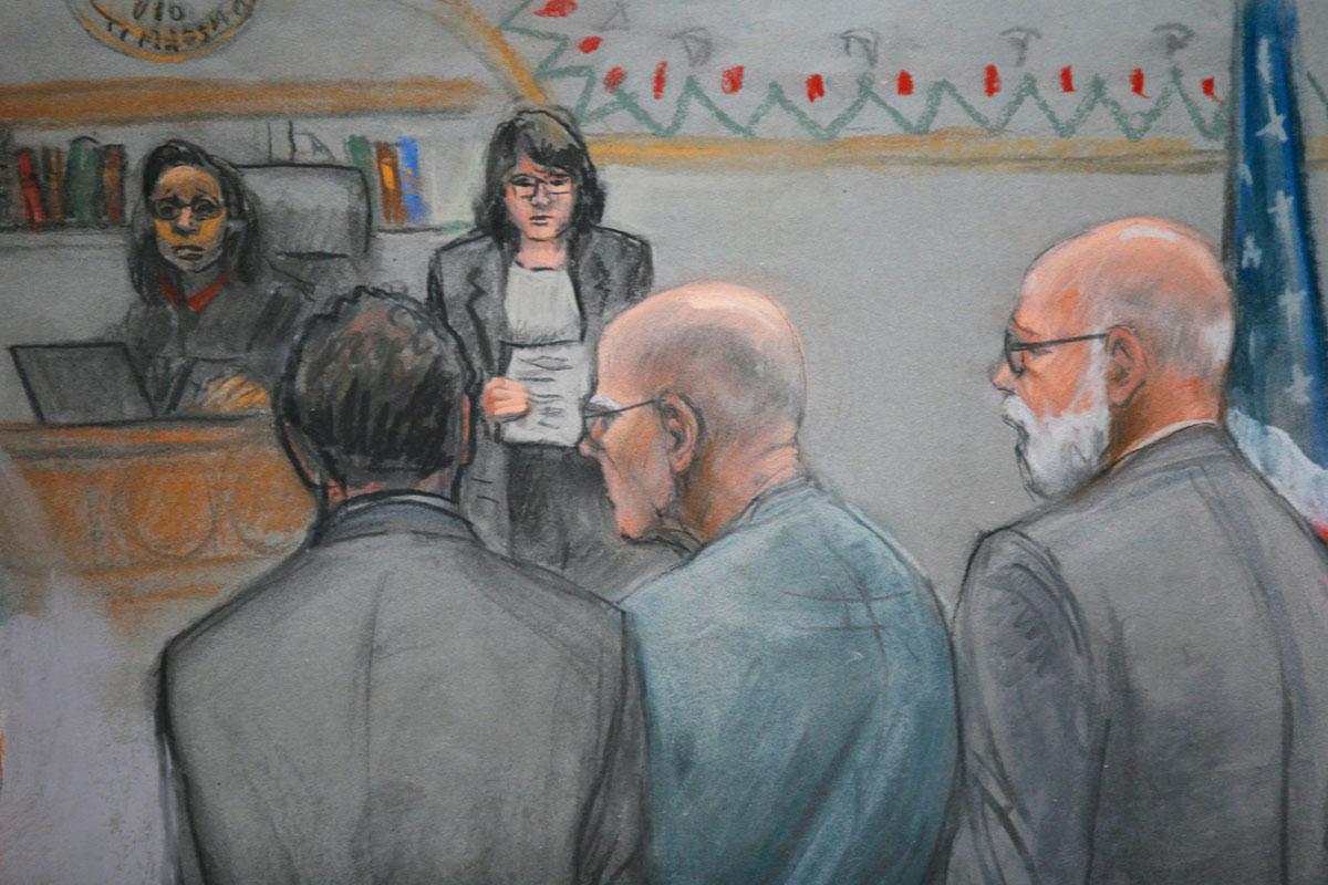 James “Whitey” Bulger stood between his lawyers as the verdicts on 32 counts were read in US District Court in Boston Monday.