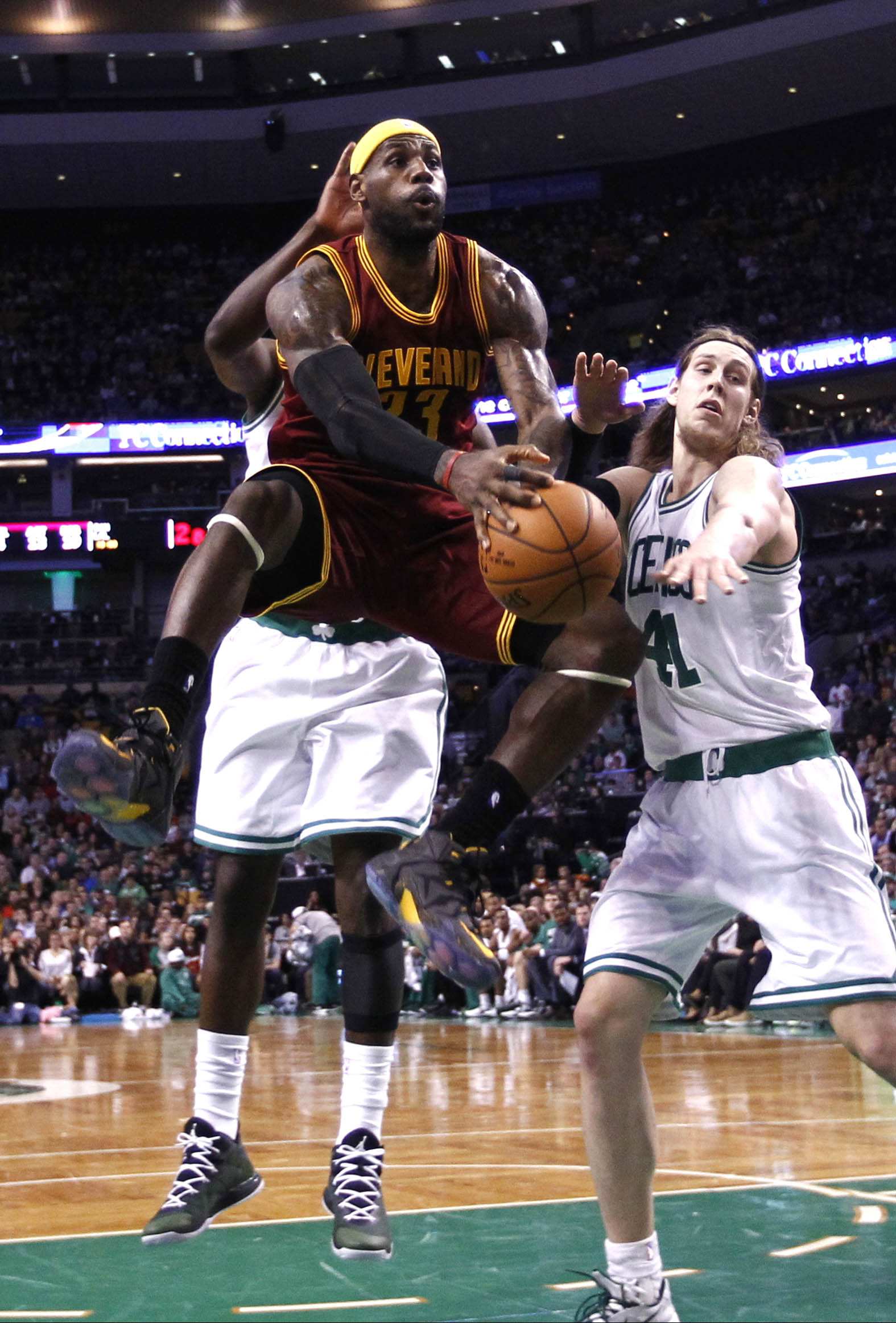 LeBron James (41 points) drives to the basket in the first half at TD Garden.