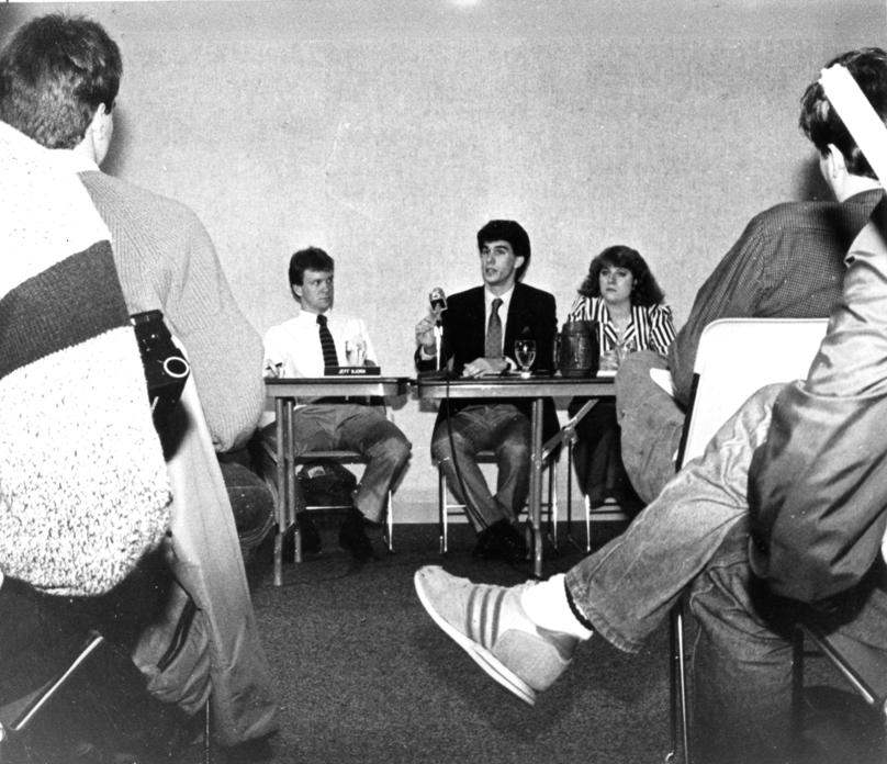 Student government leaders (from left) Jeff Bjorn, Scott Walker, and Kiki White announce the result of the special ASMU Senate committee on impeachment in response to “Pfistergate.”