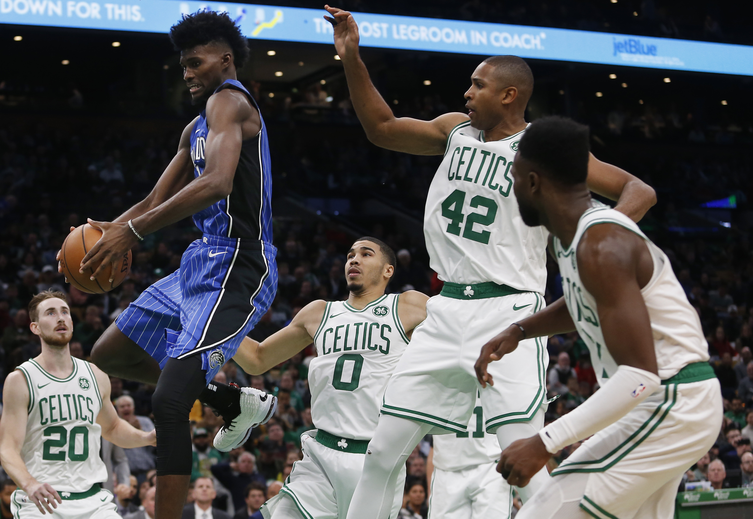 The Celtics had Jonathan Isaac surrounded in the second half.