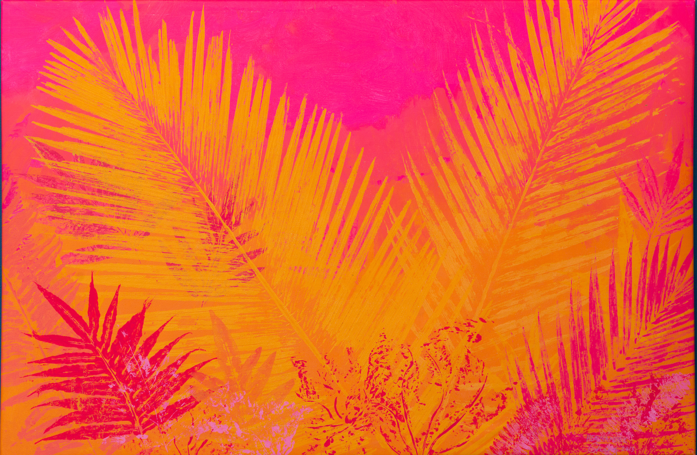 “Palms on Fuchsia and Orange,” by Carlos Hernández Chávez.