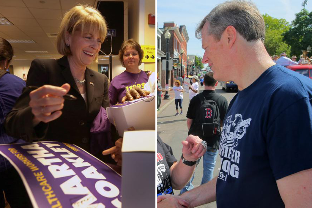 Left: Martha Coakley met supporters at a union rally. Right: Charlie Baker attended the Dorchester Day Parade.