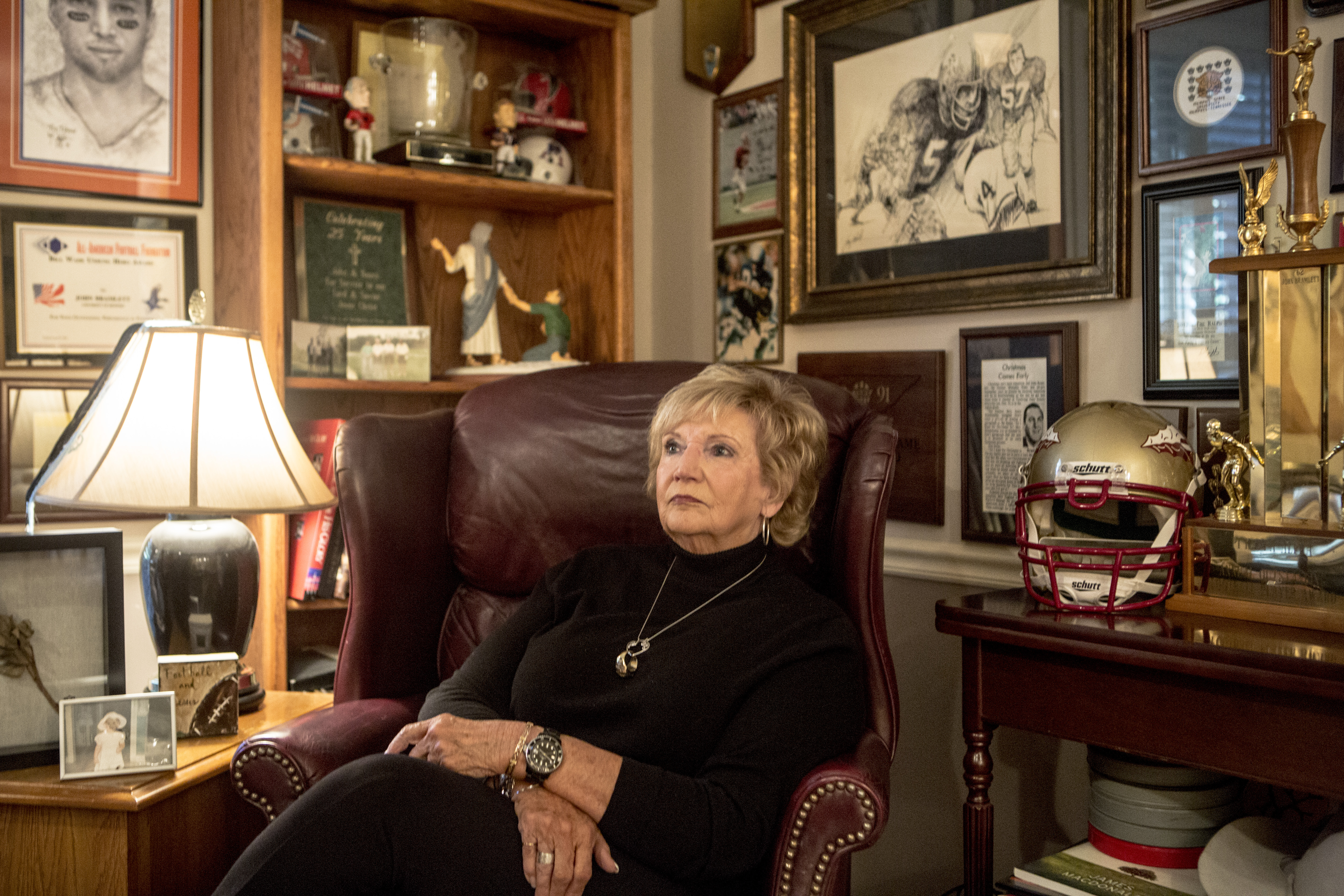 Nancy Bramlett sits in the home office of her late husband, John, at their house in Memphis.