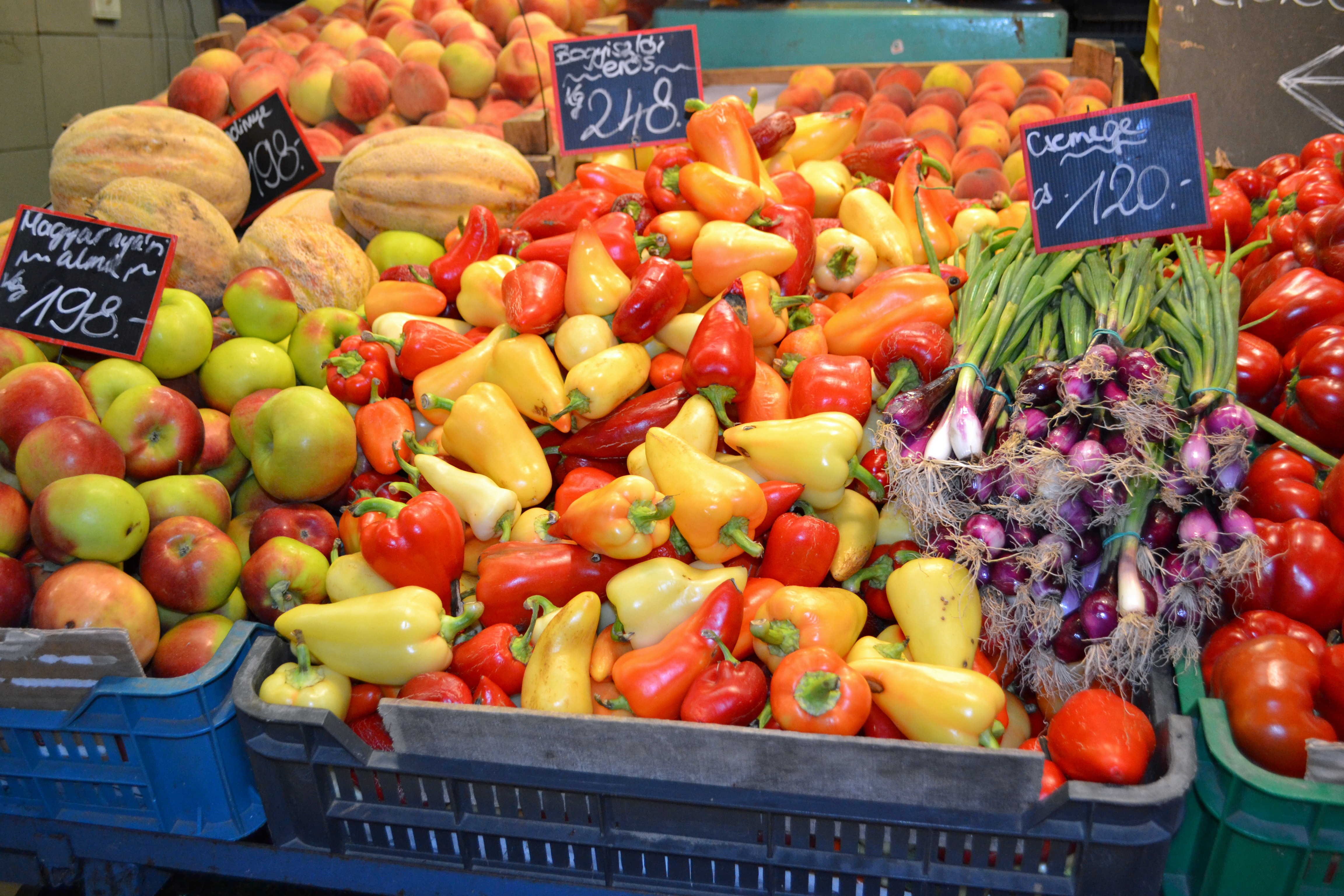 Fruits and vegetables are on display at the Great Market Hall in Budapest, Hungary.