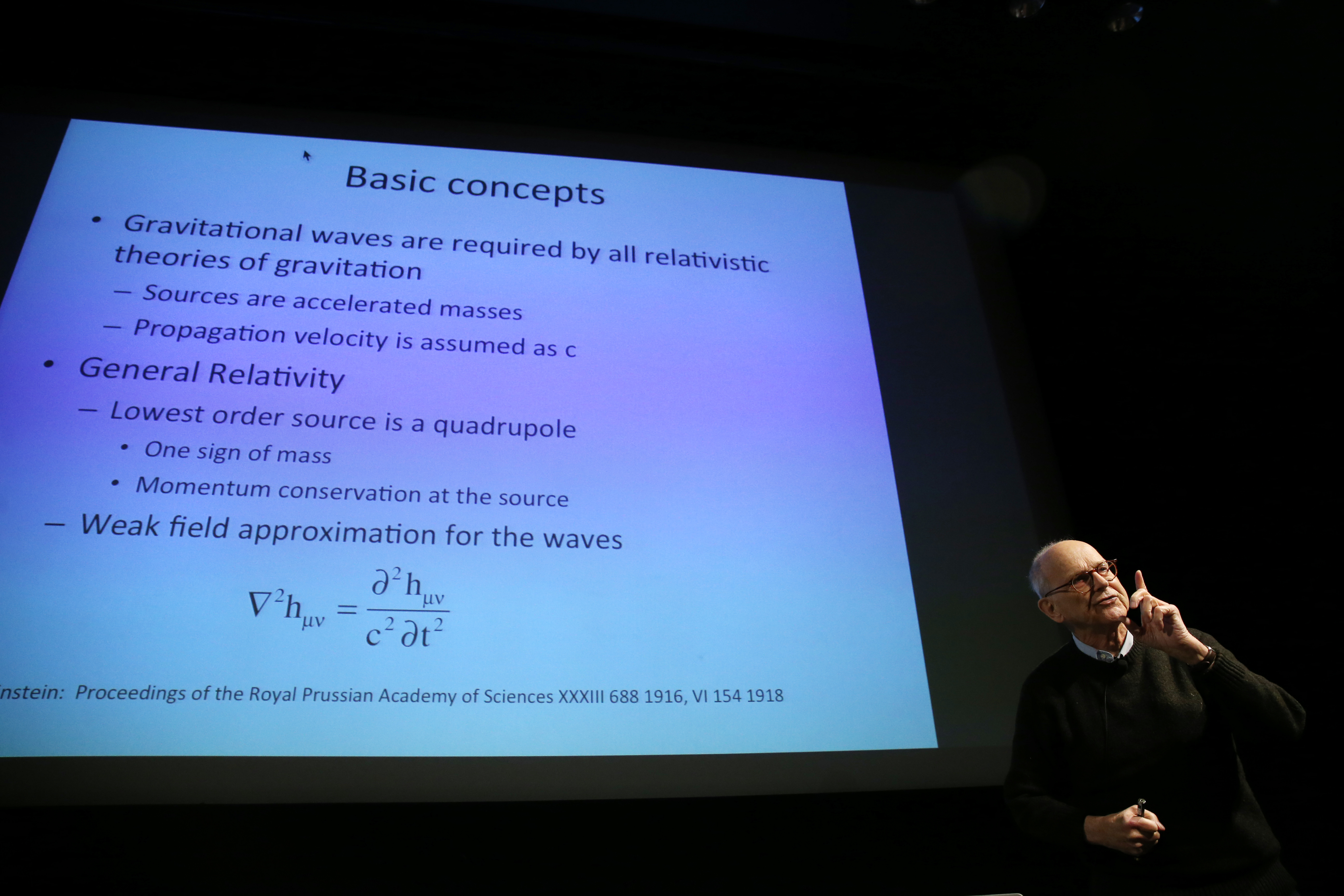 Rainer Weiss, who developed a way to detect gravitational waves, spoke at a conference of the American Society for Precision Engineering in Cambridge.