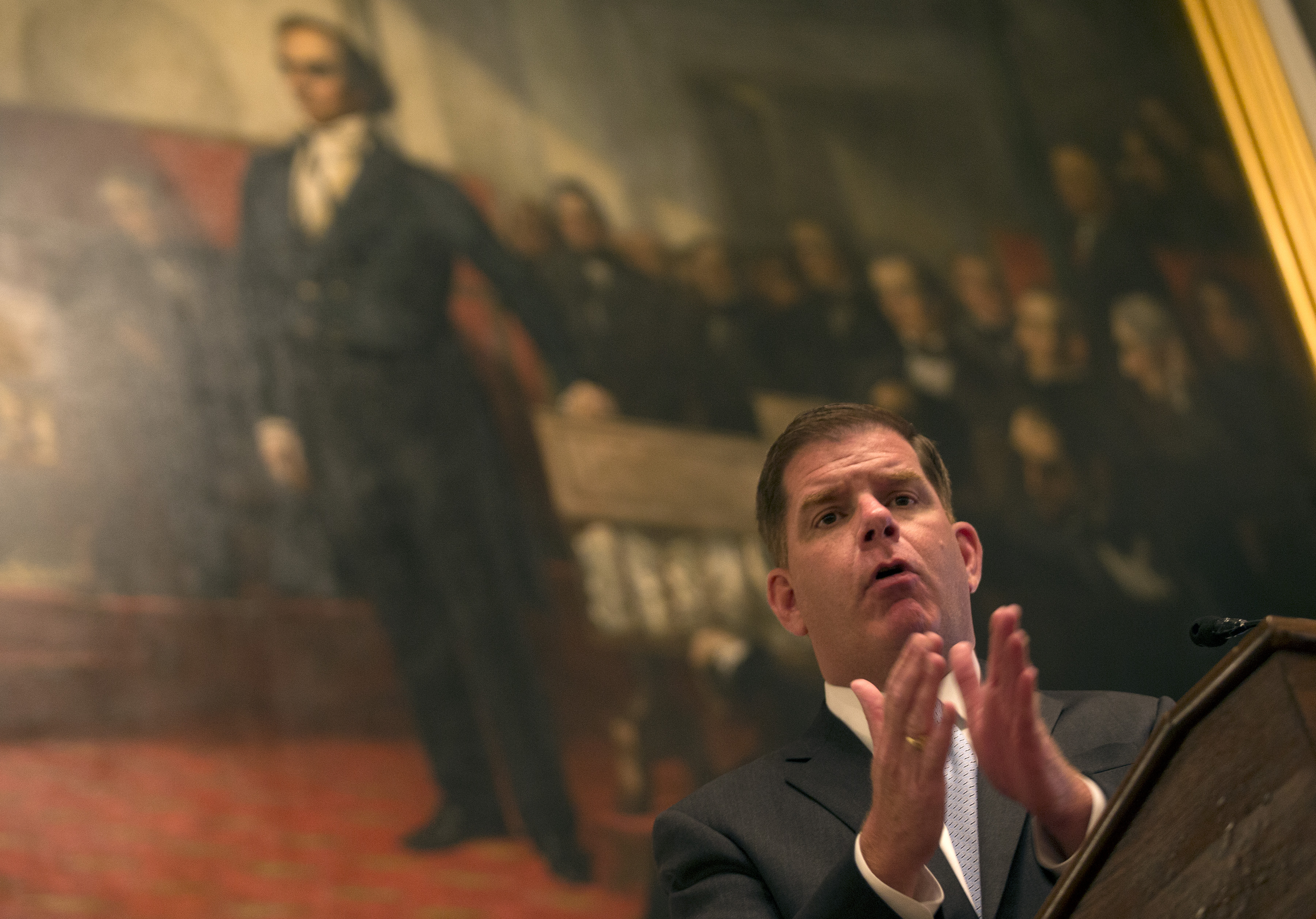 Boston Mayor Martin Walsh spoke at Faneuil Hall during the Innovative Design Alternatives Summit.