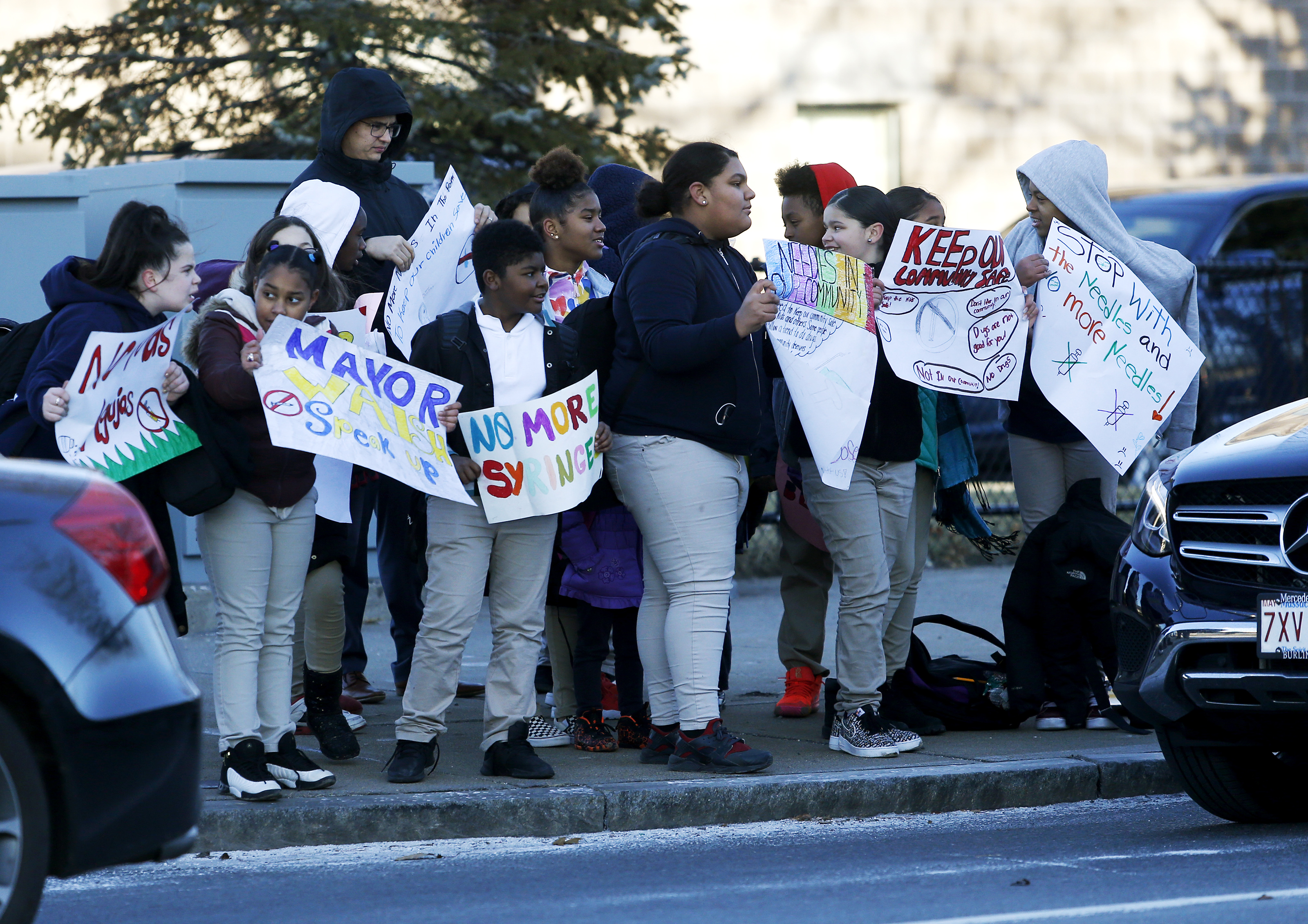 Students at Orchard Gardens K-8 School protested the prevalence of needles near their school building.