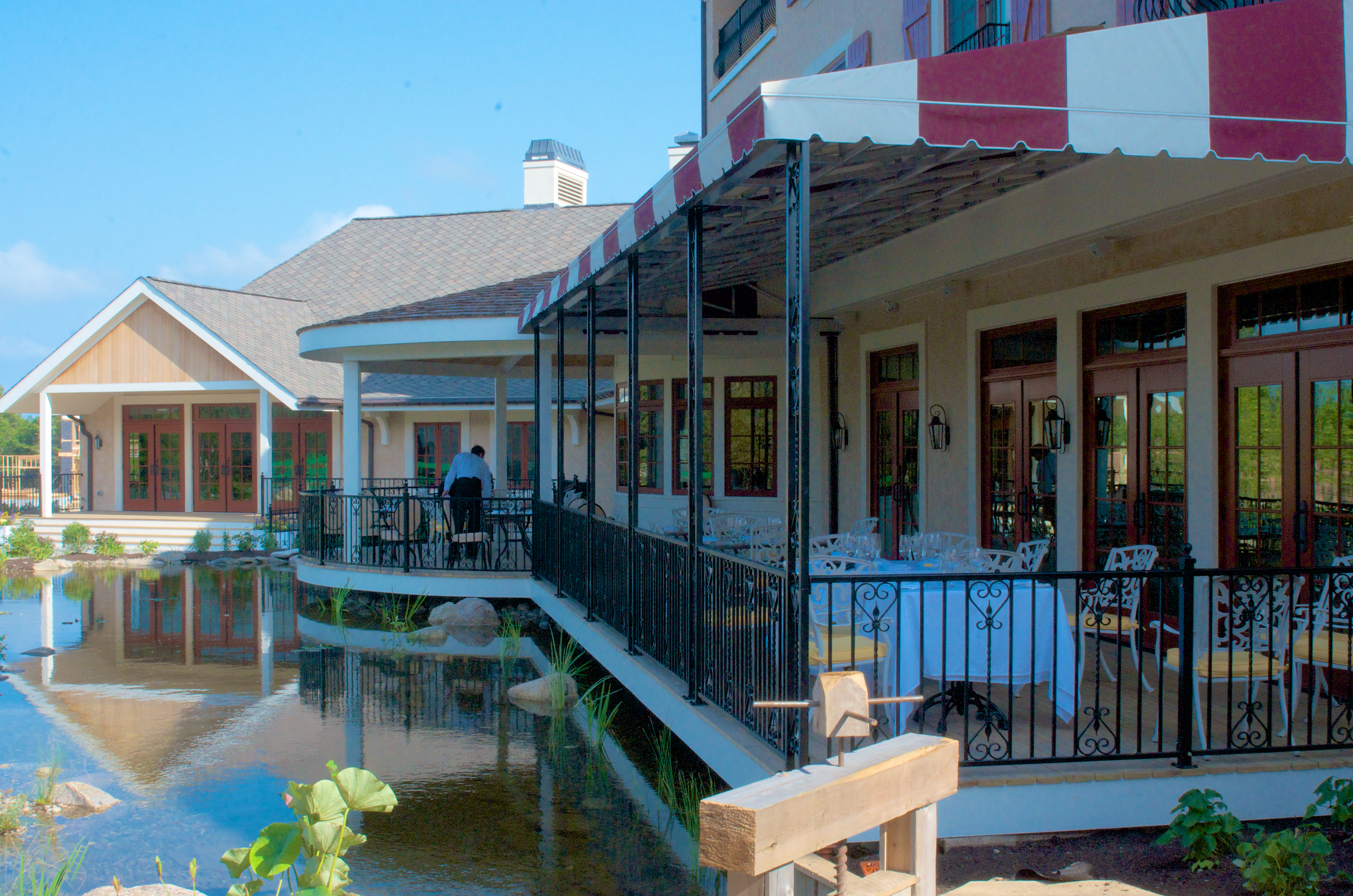 The Bistro & Wine Bar overlooks a man-made pond.