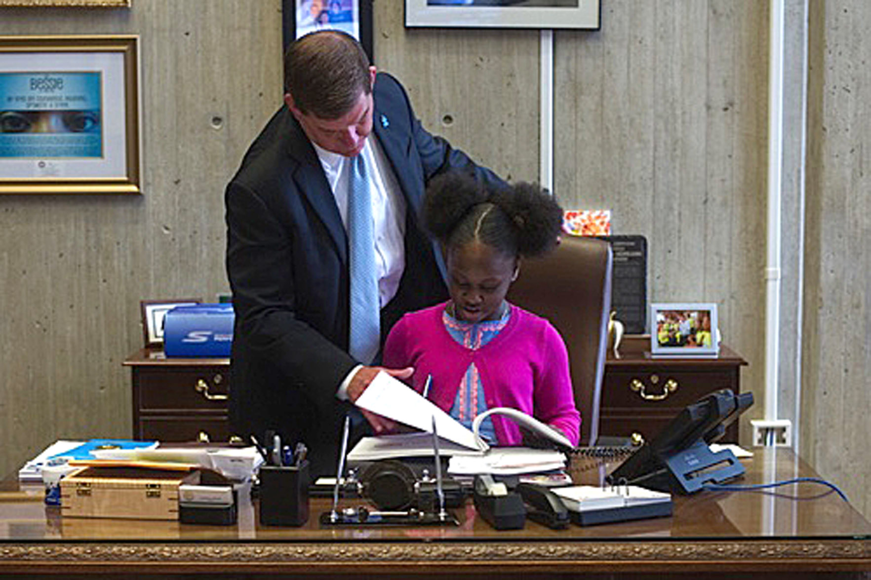 Kyla Smith-Howell with Mayor Marty Walsh at City Hall.
