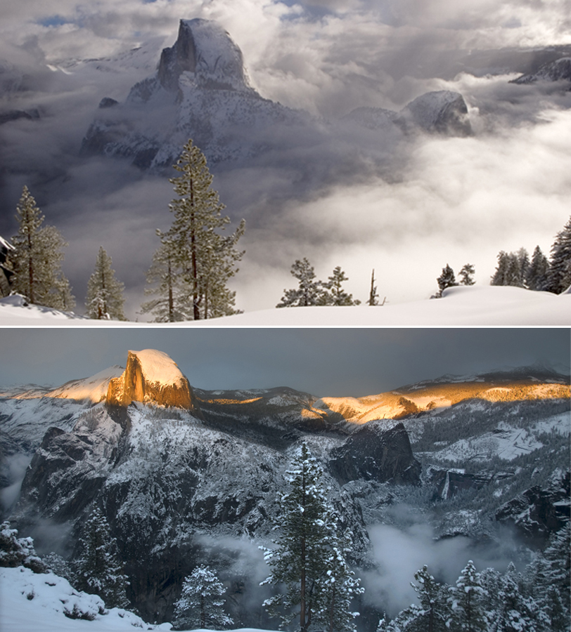 Top: A morning in 2006, clouds parted around Half Dome. Bottom: Six years later, the sun’s dying rays seeped into the iconic granite formation.