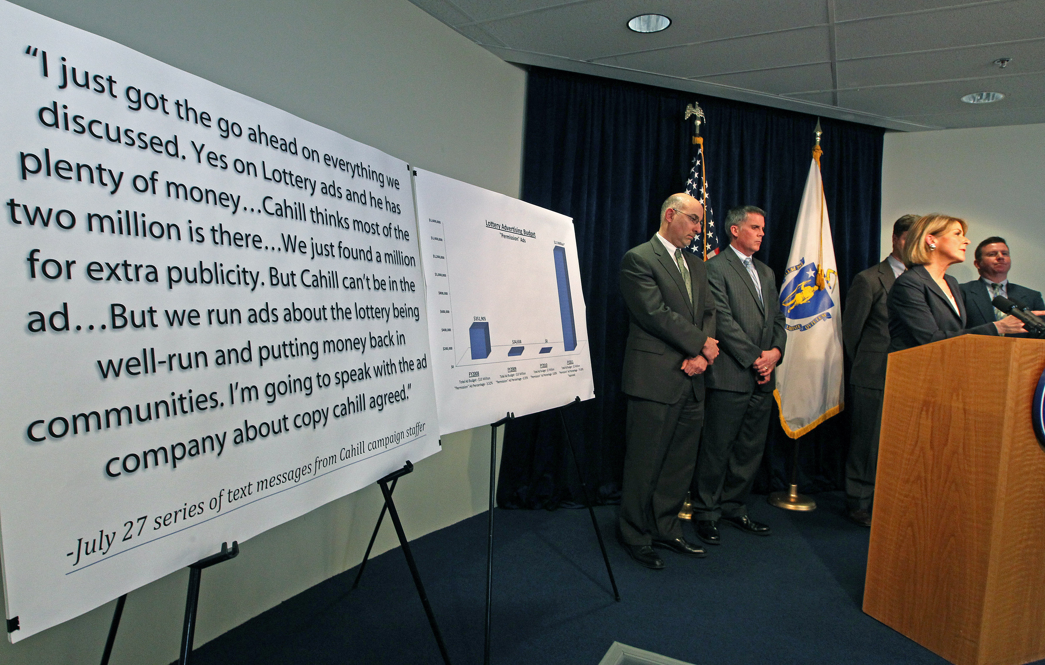 Martha Coakley presented quotations from text messages from Cahill campaign staff.