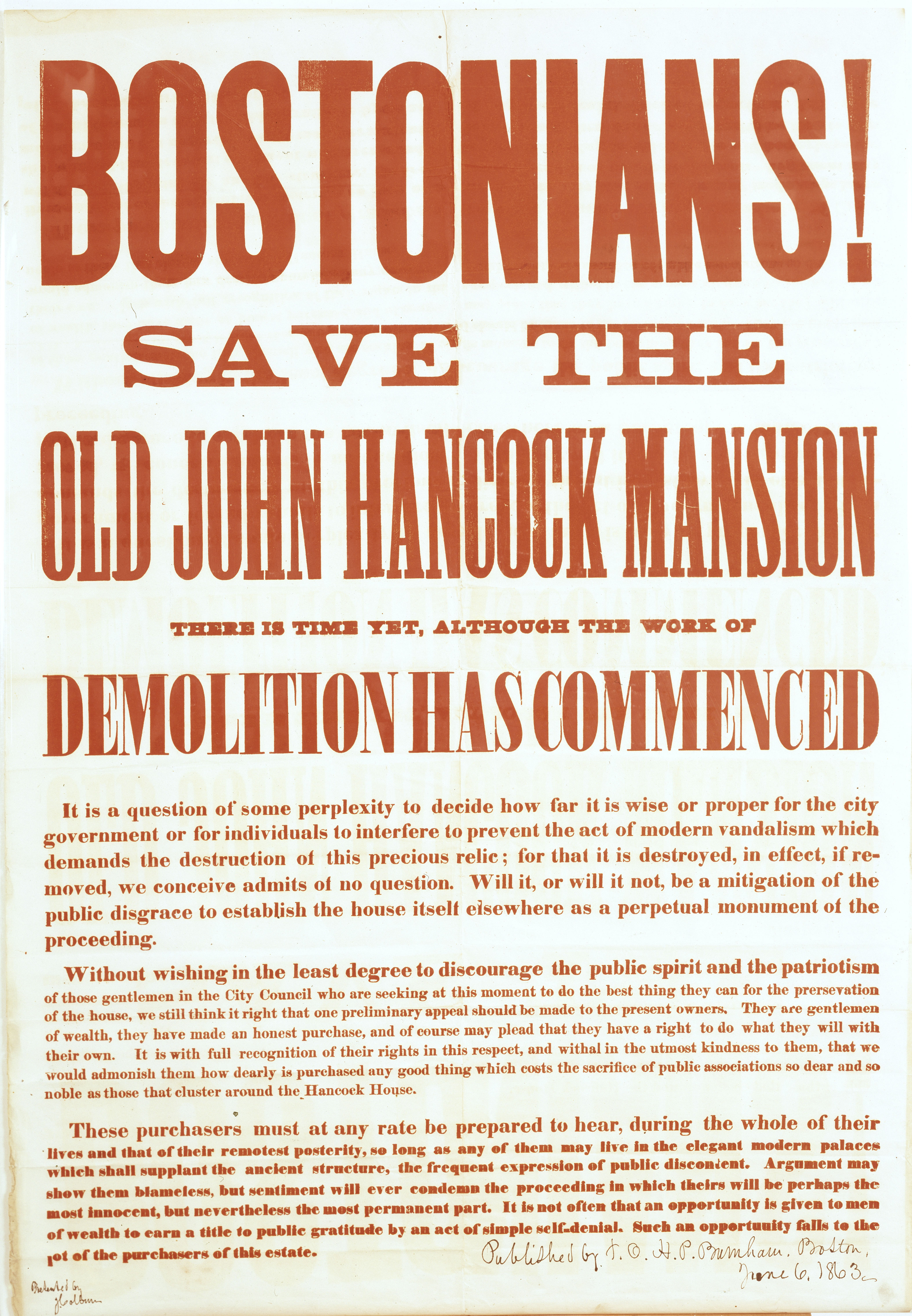 A “Save the Hancock House” poster.