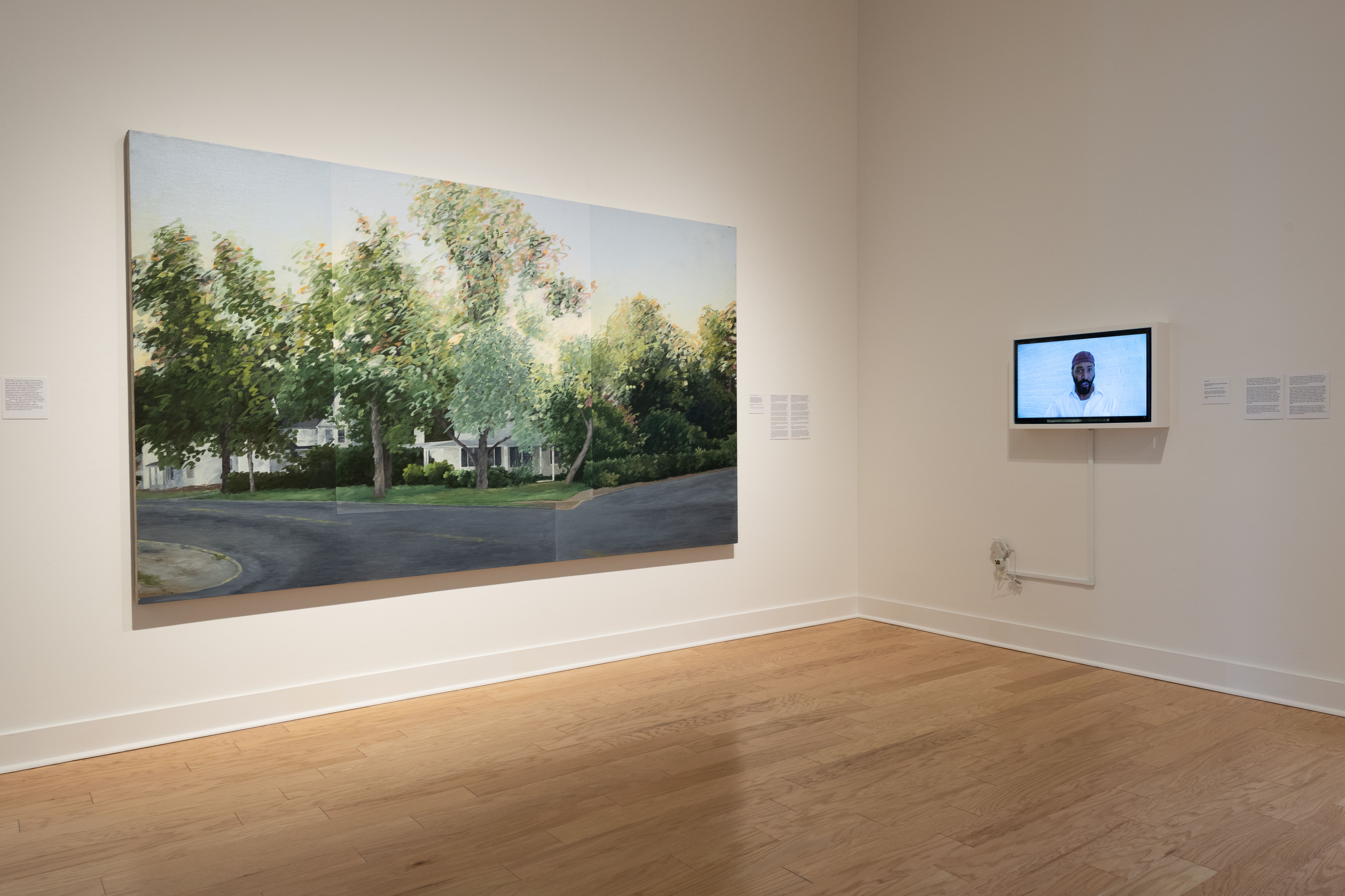 Keith Morris Washington's "George Armwood: Front Lawn of Judge R. Duer’s
Home; Princess Anne, Maryland" is on the left. Laylah Ali's "John Brown Song!" video is on the right.
