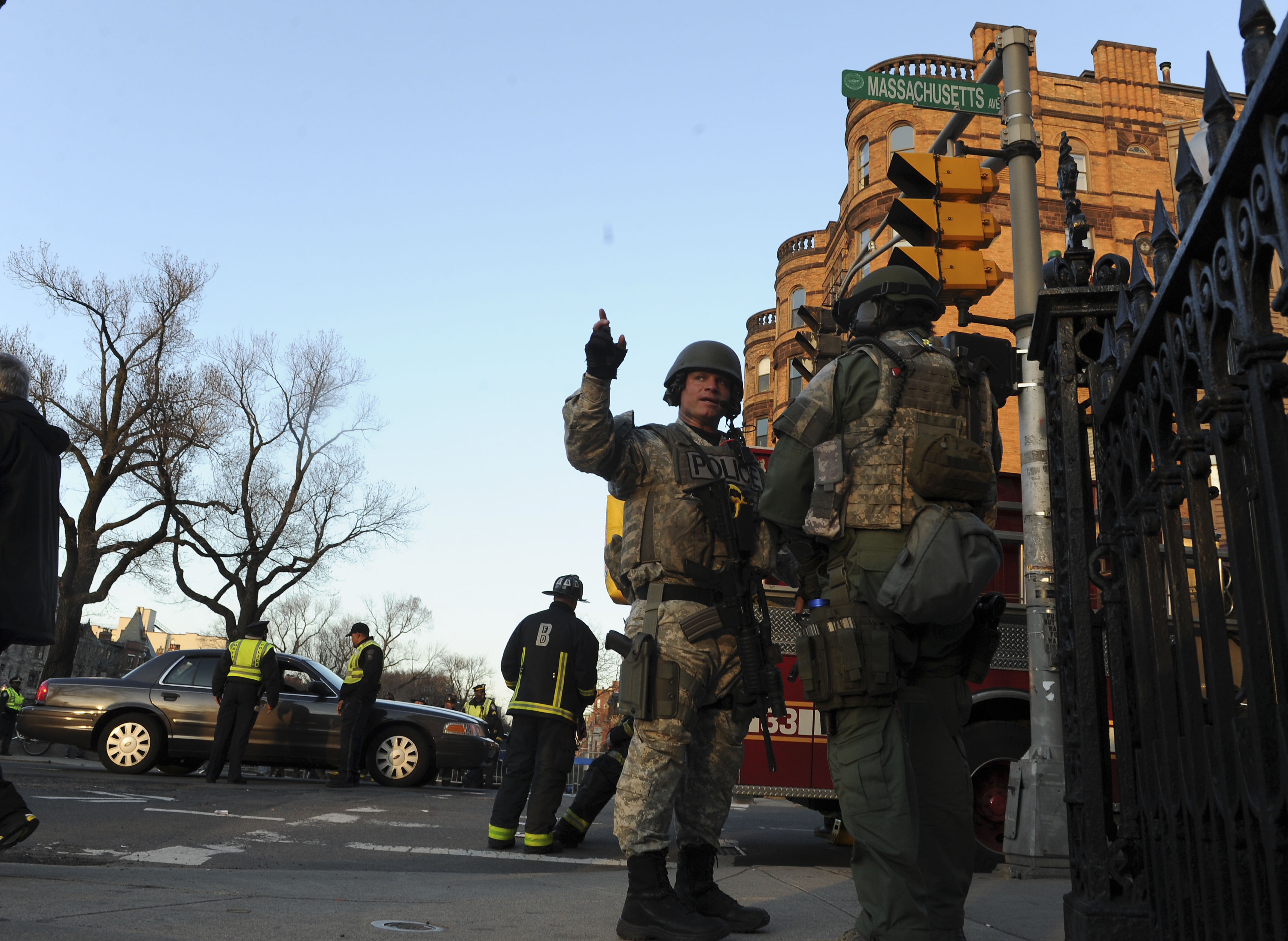 Security forces, including National Guard personnel, blanketed Back Bay after twin blasts rocked the area around the Marathon finish line.