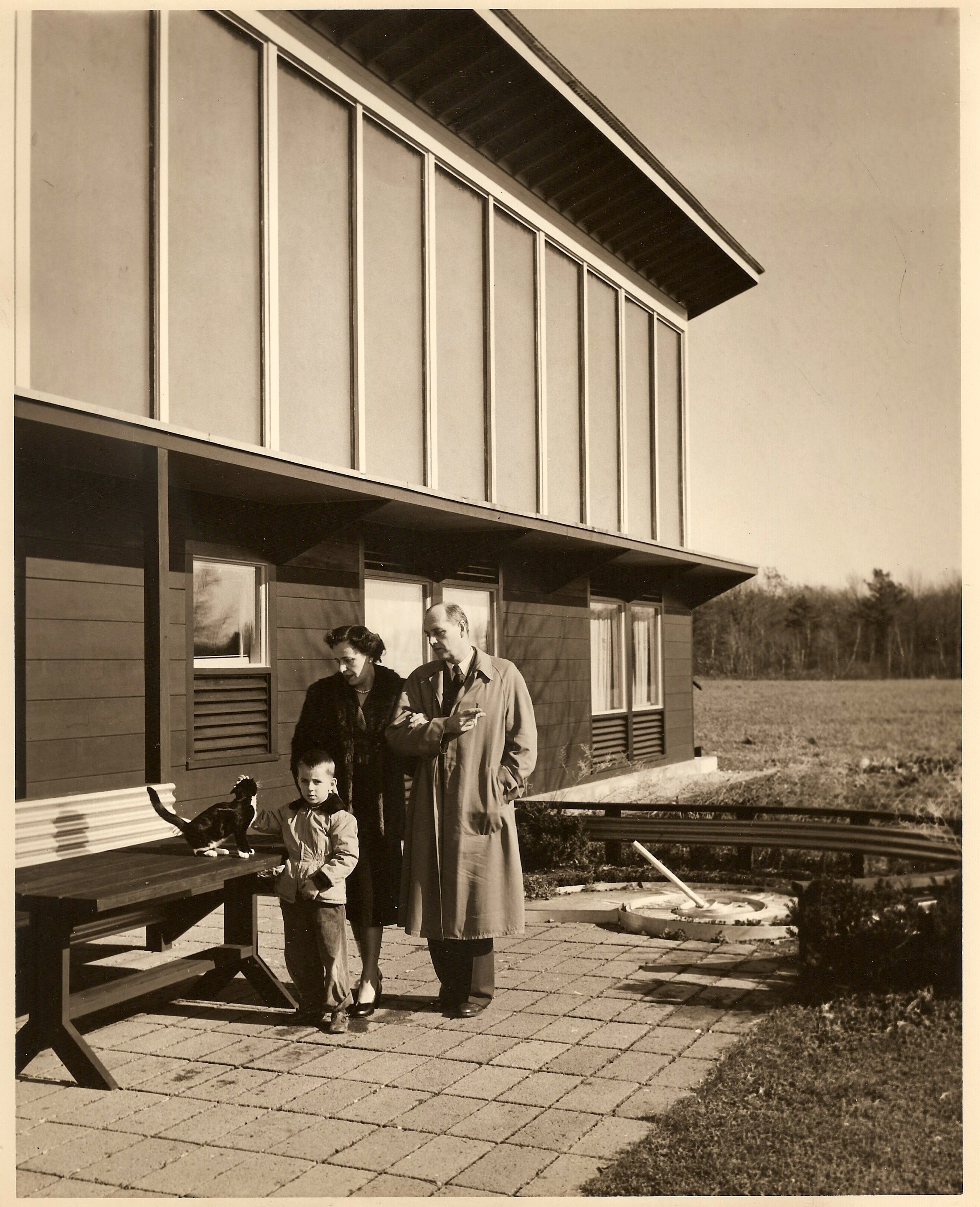 Andrew Nemethy in 1950 with his parents, Esther and Anthony. The sundial, sculpted by Amelia Peabody, survived the Sun House and is now on the grounds of the Dover Town Library.