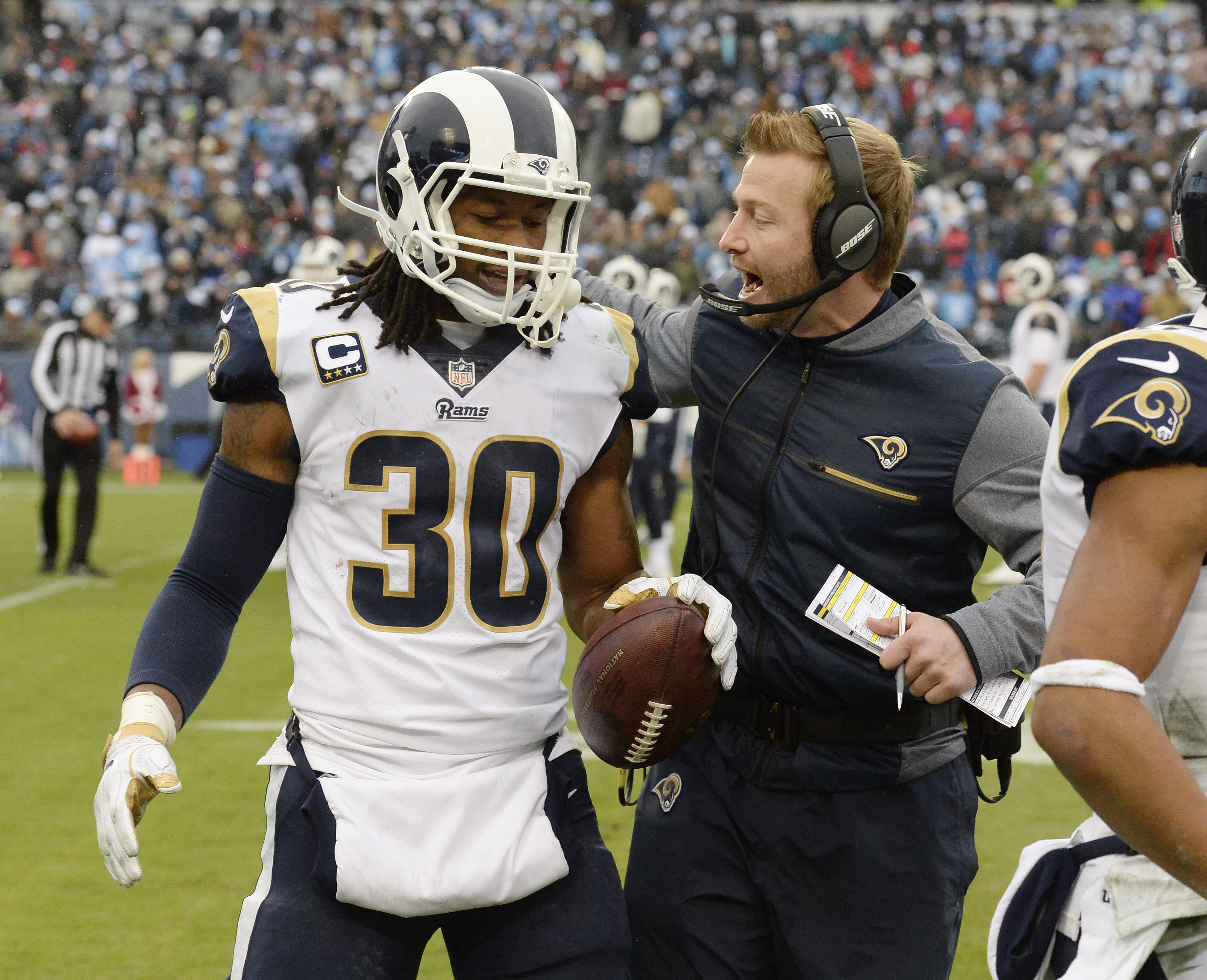 Todd Gurley, Sean McVay, and the Rams led the NFL in scoring in the regular season at 29.9 points per game.