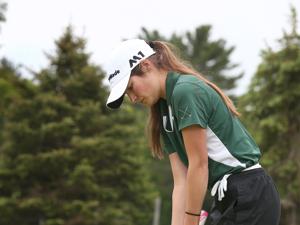 Abigail Stetz lines up a putt at the South Sectional qualifier at the Ridder Farm Golf Course Tuesday.